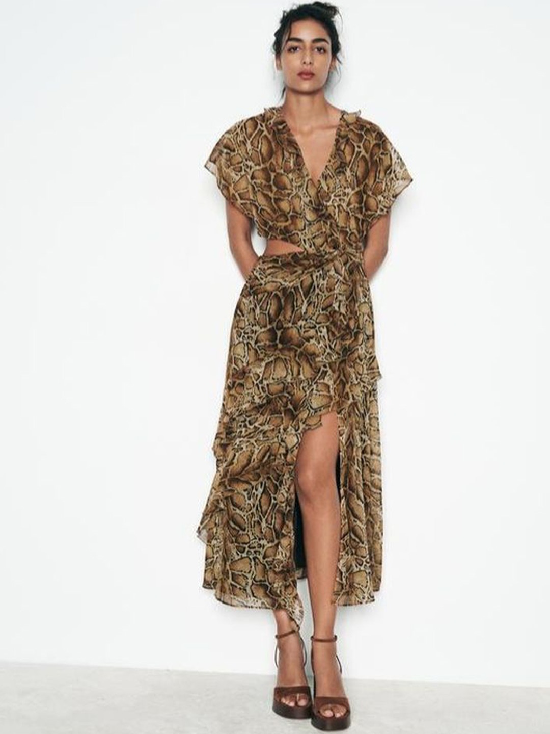 

LULU & SKY Animal Printed Front Slit Wrap Dress, Beige