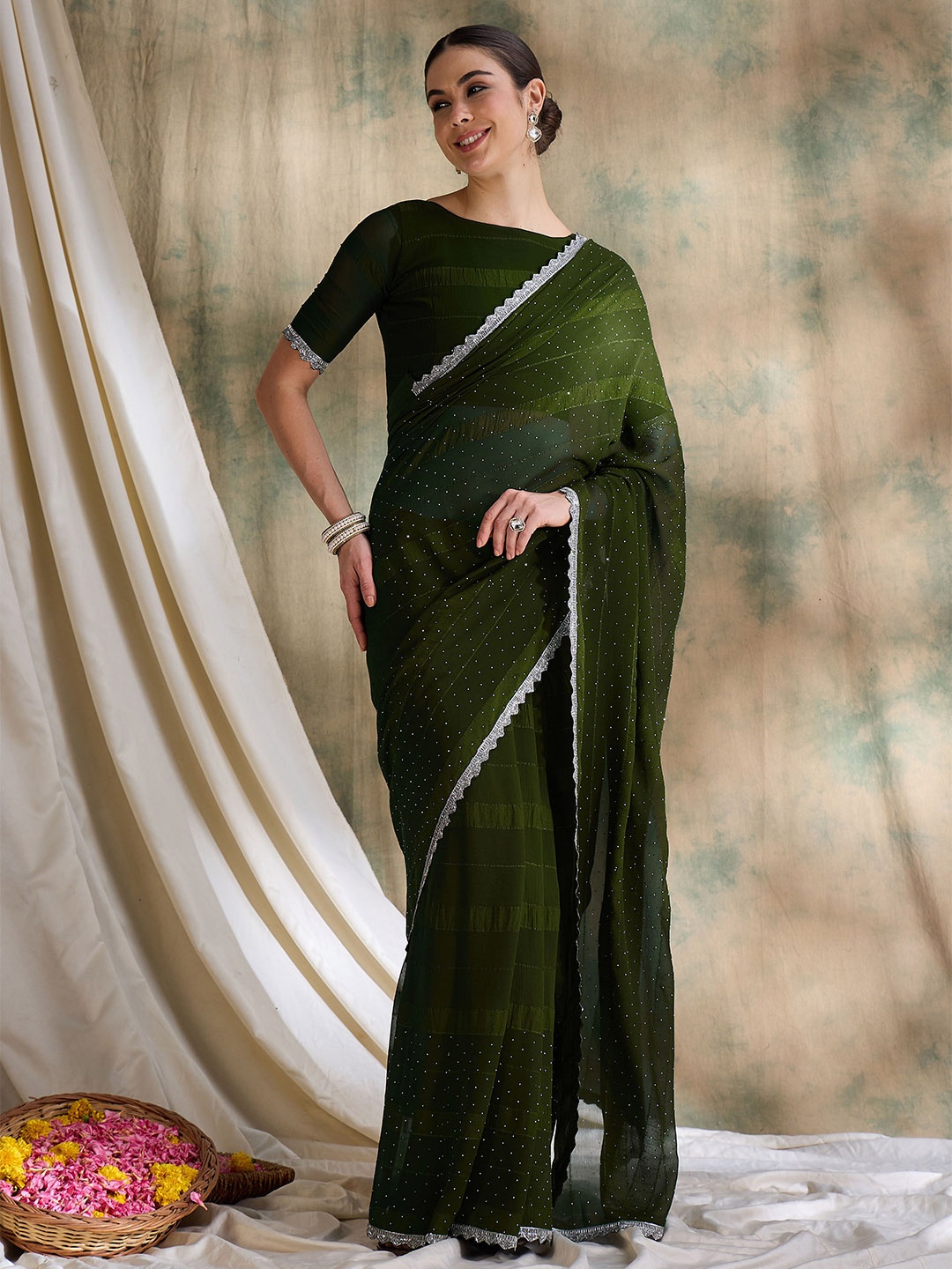 

Maroosh Embellished Beads and Stones Banarasi Saree, Olive