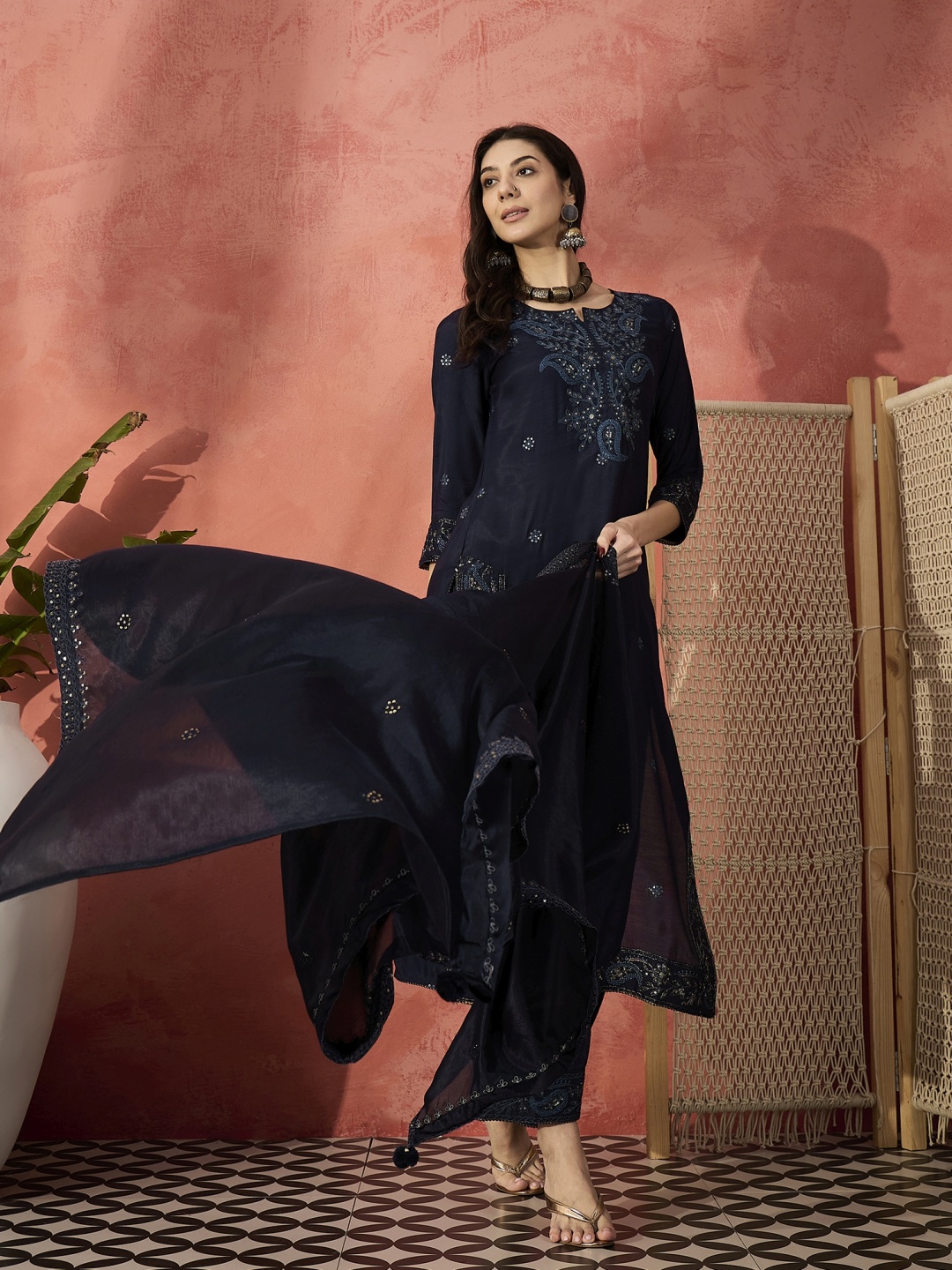 

Ramas Paisley Embroidered Sequinned Straight Kurta With Palazzos & Dupatta, Navy blue