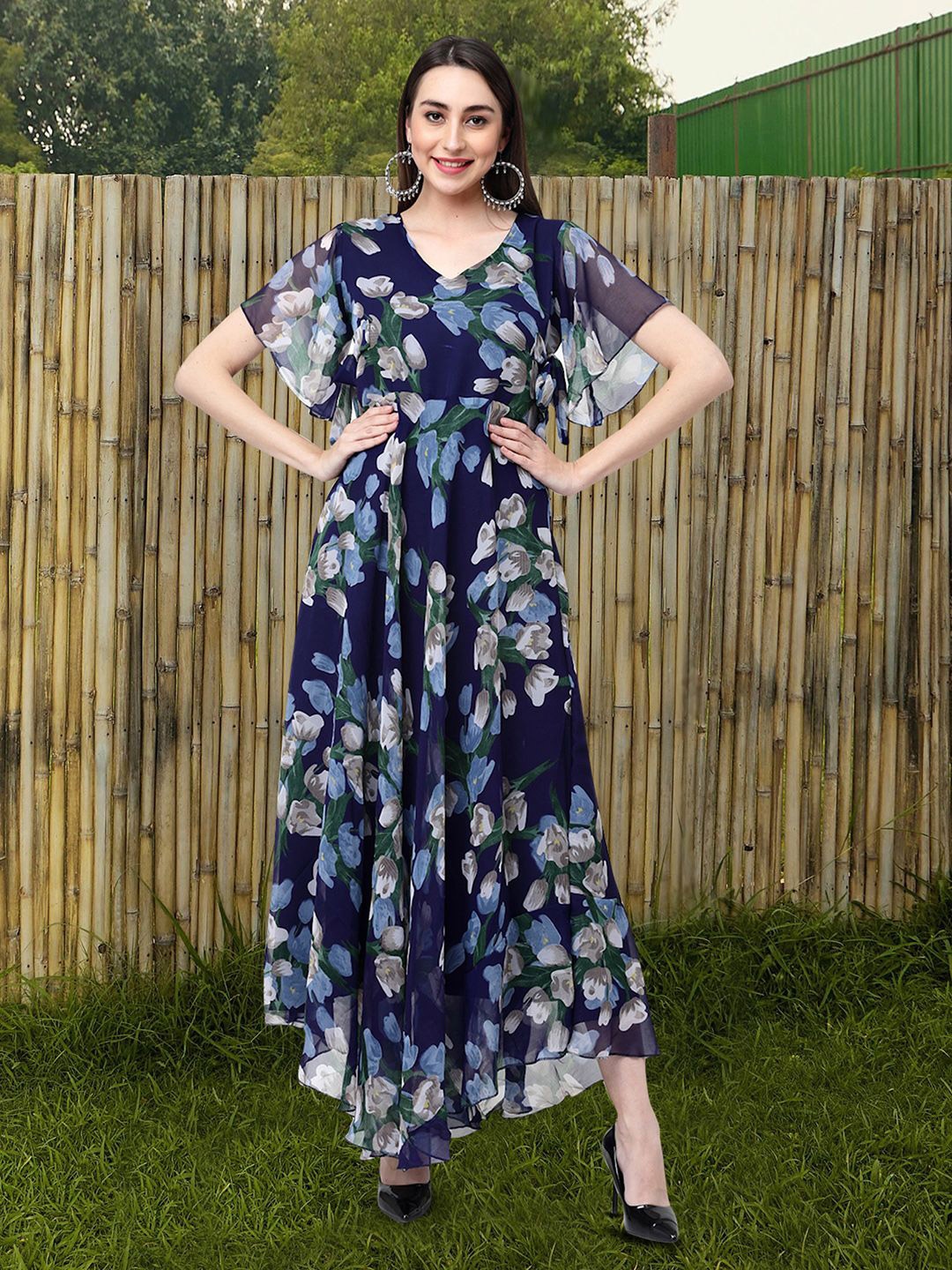 

MISS AYSE Floral Print Applique Fit & Flare Dress, Navy blue
