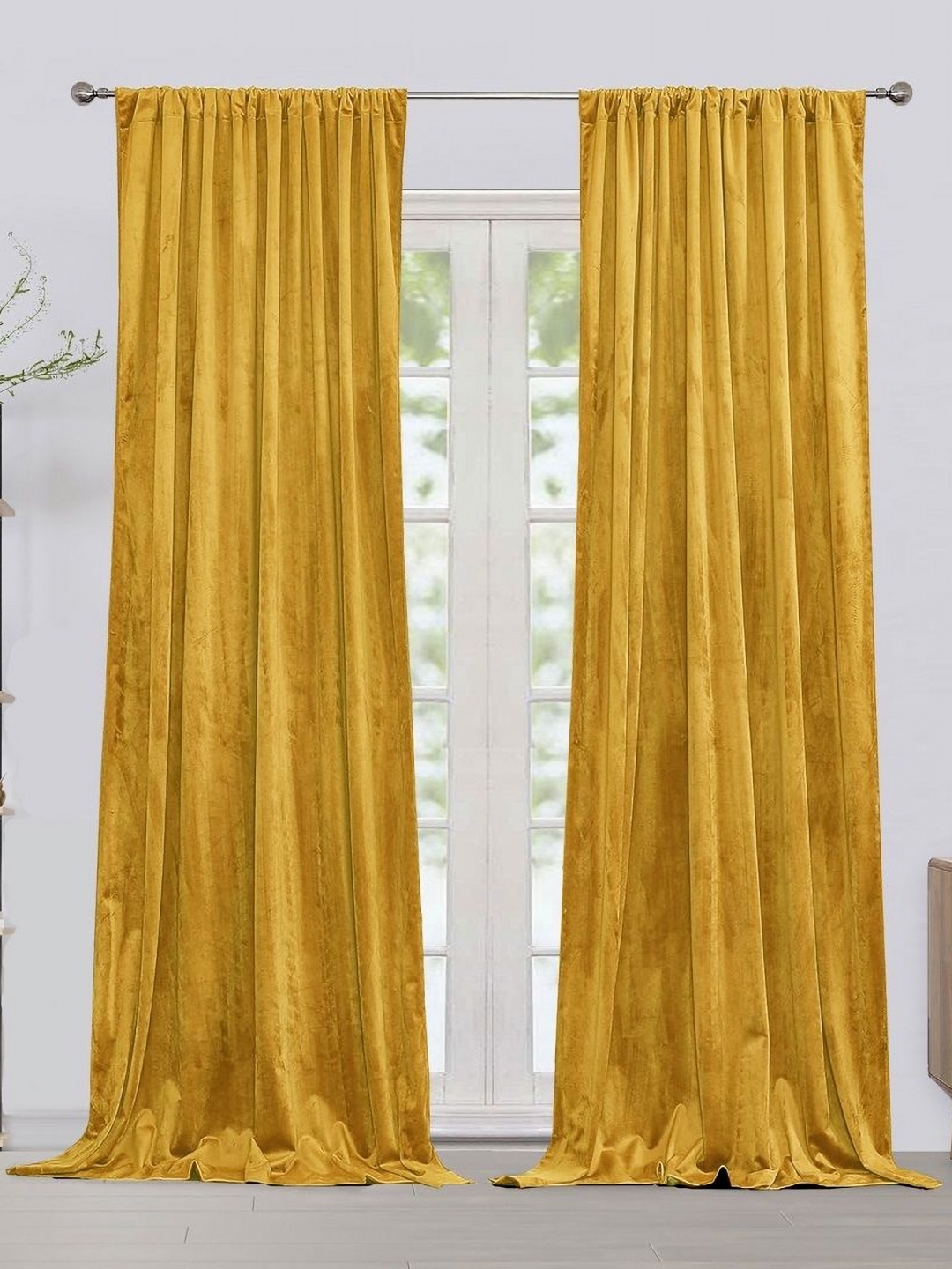 

HOMEMONDE Yellow 2 Pieces Velvet Room Darkening Long Door Curtains