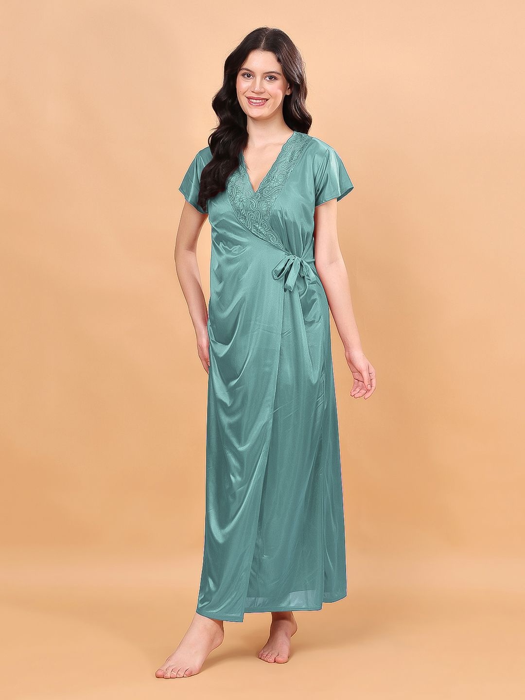 

NIGHT KEYS Women Set of 2 Satin Wrap Nightdress, Green