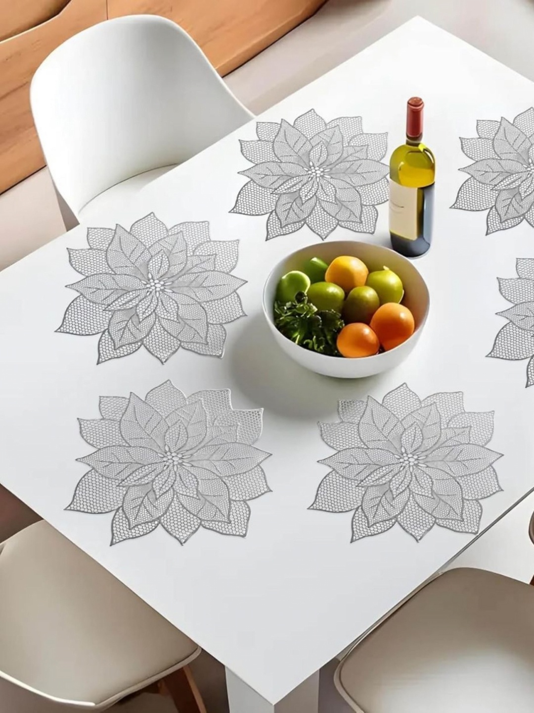 

MONKDECOR Silver Toned 6 Pieces Cutwork Flower Textured Table Placemats