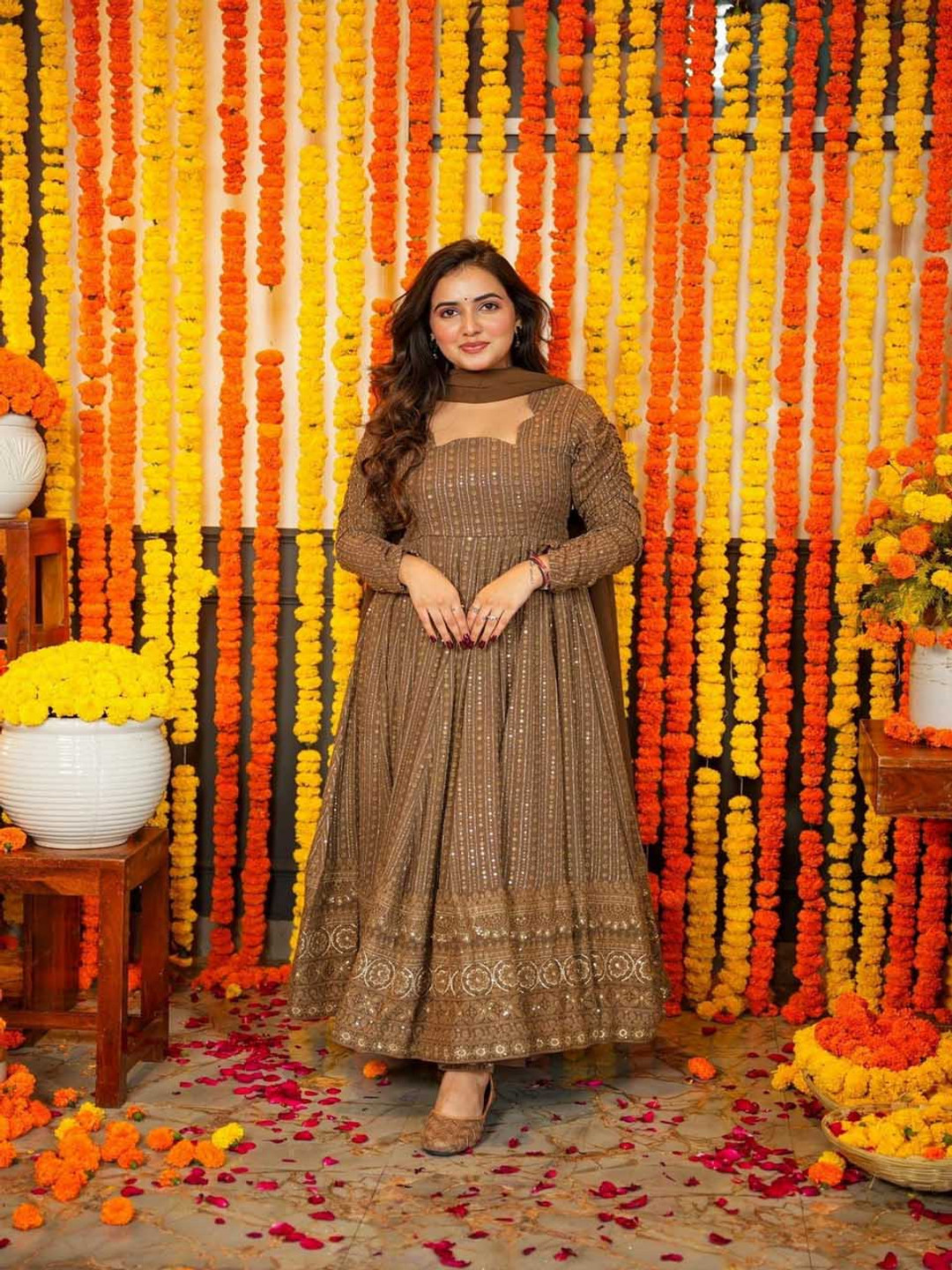 

ZEEPKART Embroidered Anarkali Kurta Trousers With Dupatta, Brown