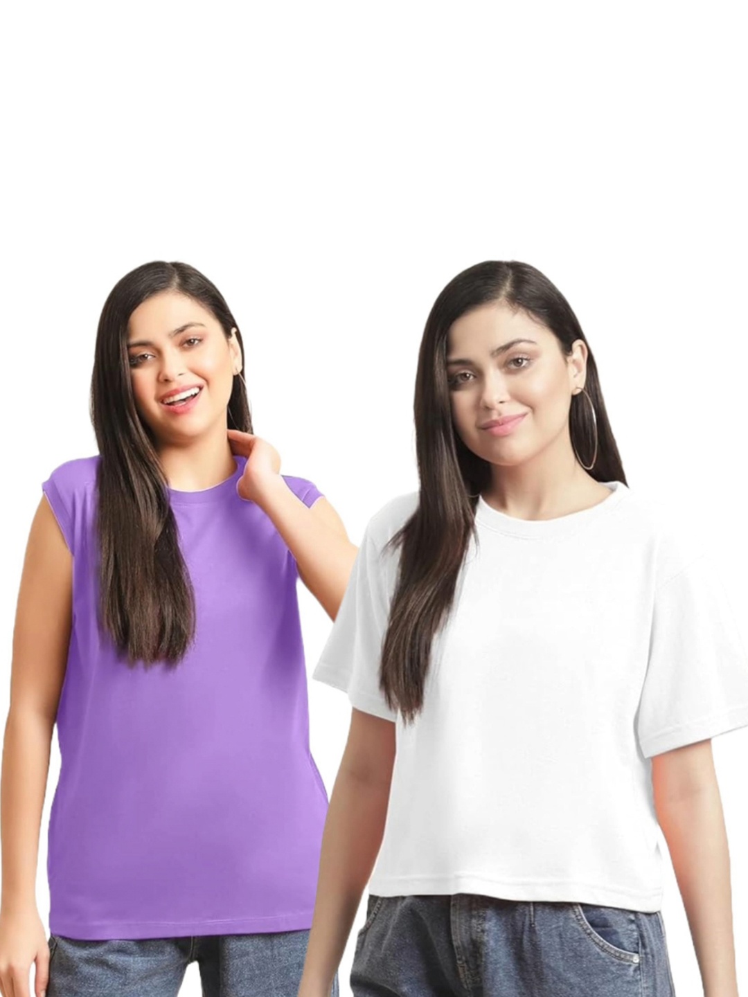 

NOTWILD Women Pack Of 2 Solid Round Neck Cotton Relaxed Fit T-shirts, Lavender