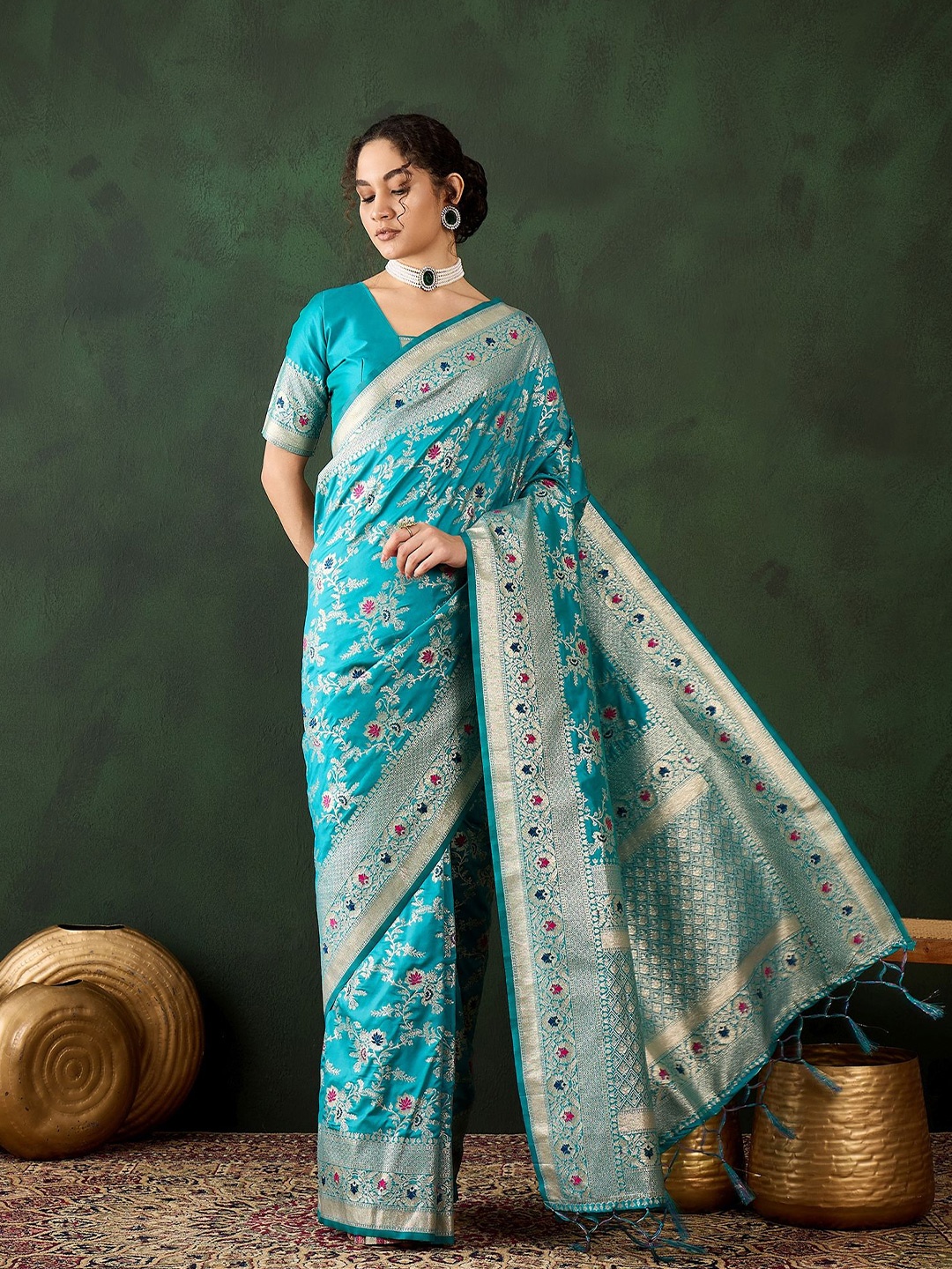

MANVAA Woven Design Zari Silk Blend Fusion Banarasi Saree, Teal