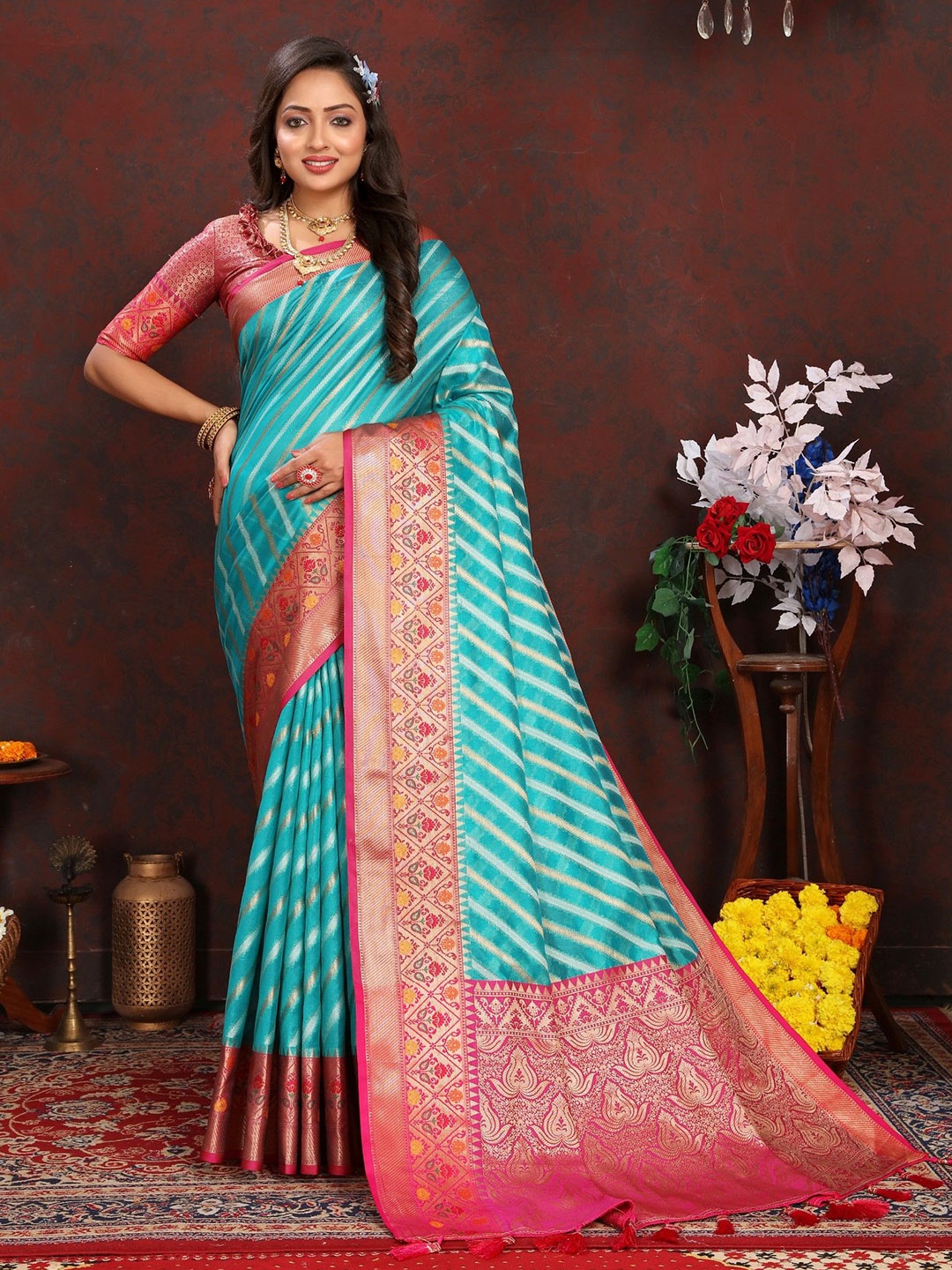 

LeeliPeeri Designer Striped Zari Silk Blend Paithani Saree, Blue