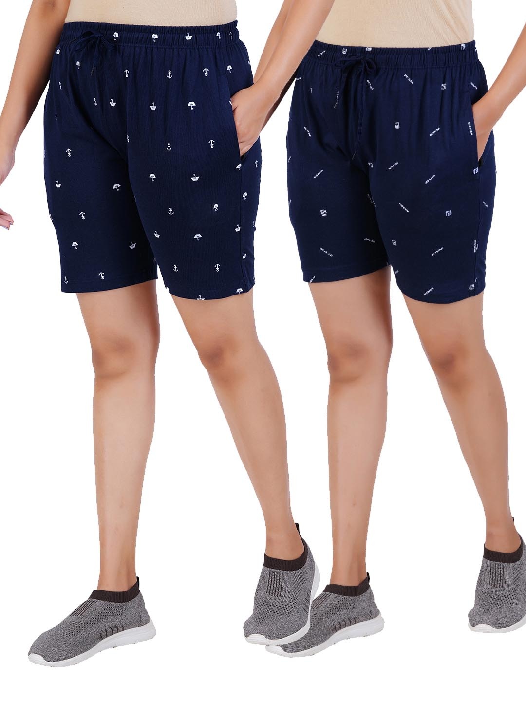 

GUIDE Women Pack Of 2 Conversational Printed Cotton Regular Shorts, Navy blue