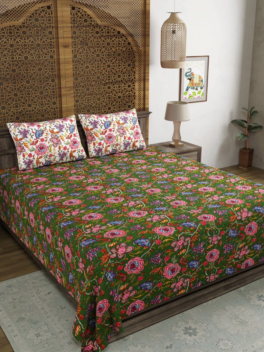 

Myntra Elegant Homes Green And Pink Printed 210 TC King Bedsheet Set 2.64 m x 2.64 m