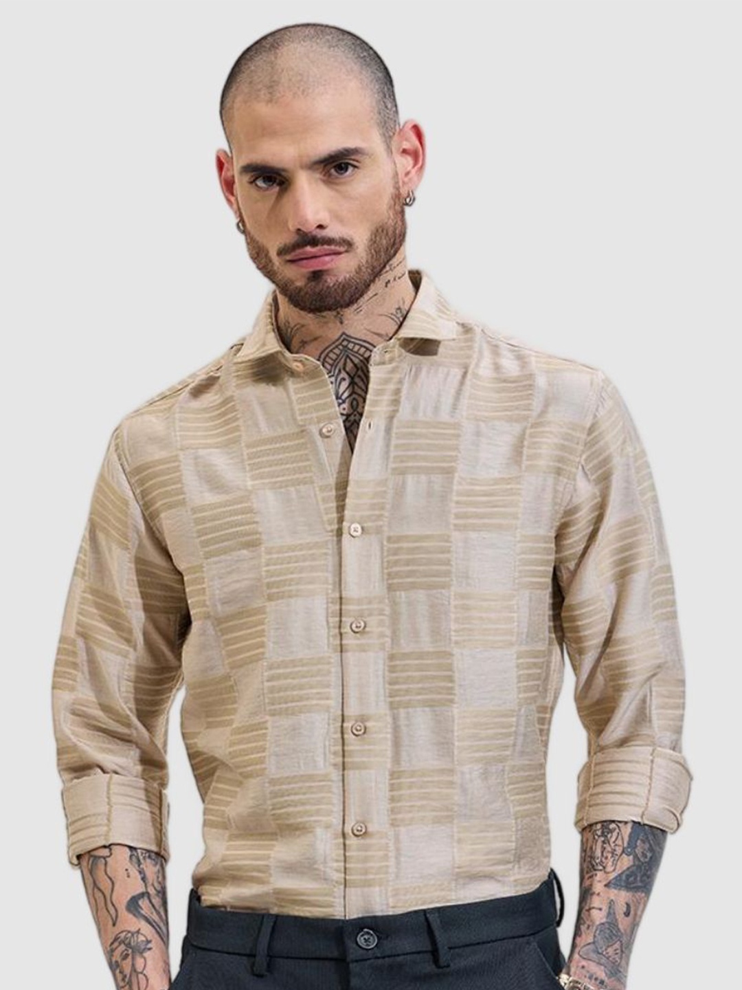 

Snitch Men Smart Slim Fit Textured Casual Shirt, Beige