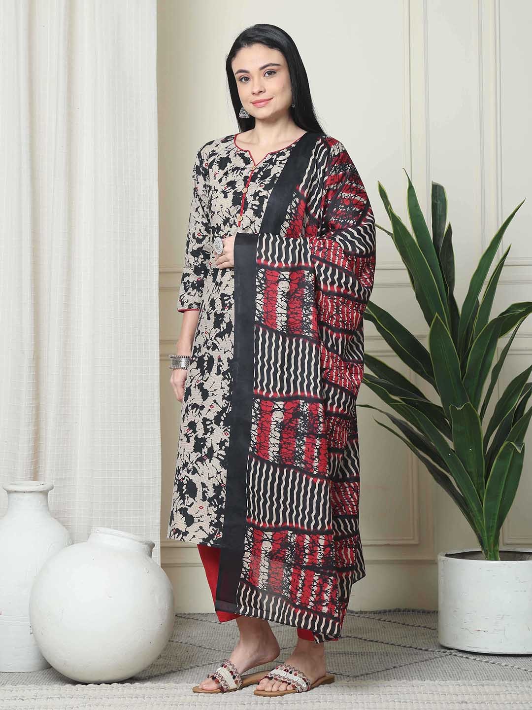 

Rajnandini Abstract Printed Straight Kurta With Trousers & Dupatta, Beige