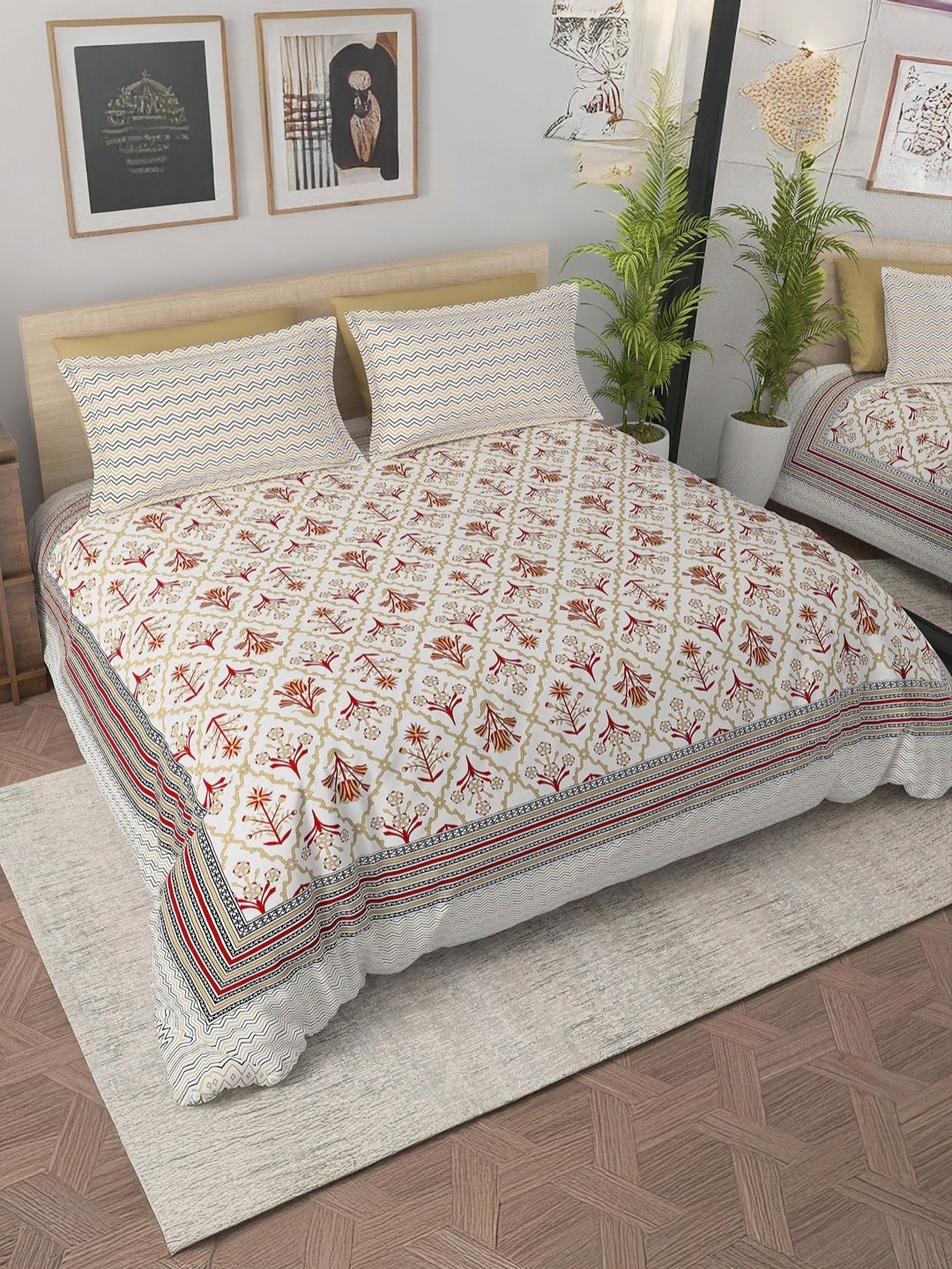 

Cortina 144 TC Cotton Blend Green Super Soft Double Size Bedsheet, White