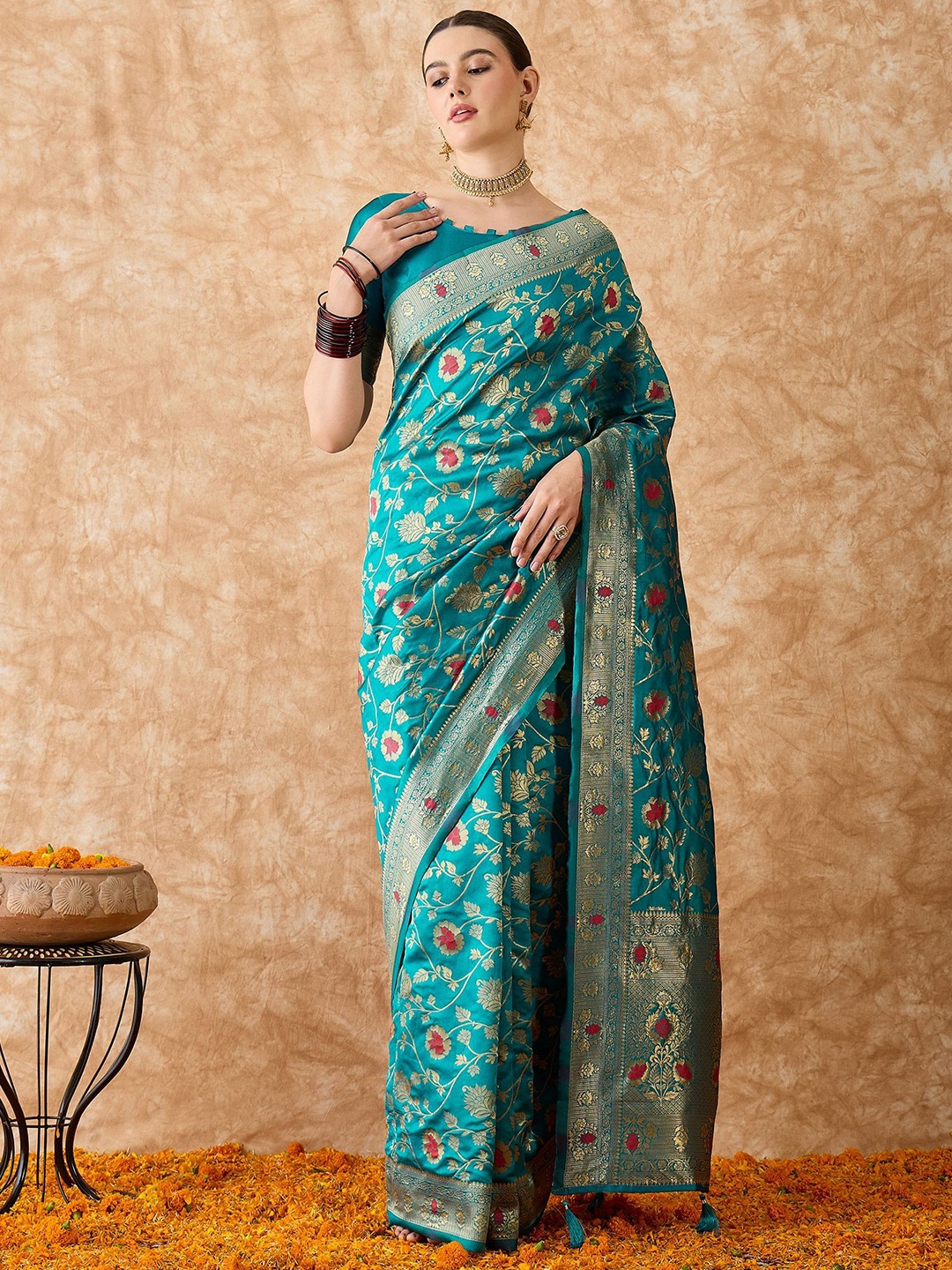 

MANVAA Woven Design Zari Silk Blend Banarasi Saree, Blue