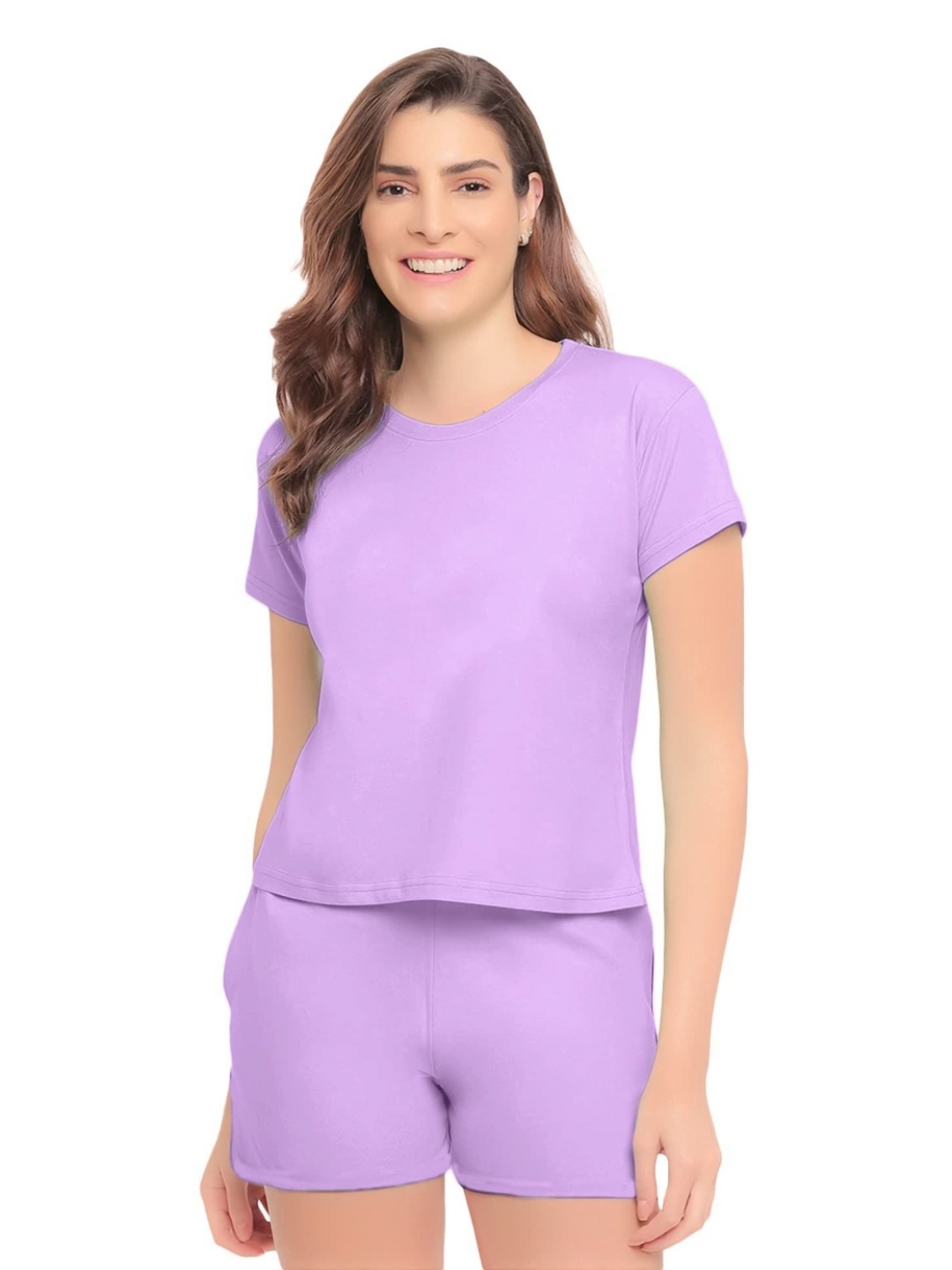 

NOTWILD Women Solid Cotton Crop T-shirt With Short, Lavender