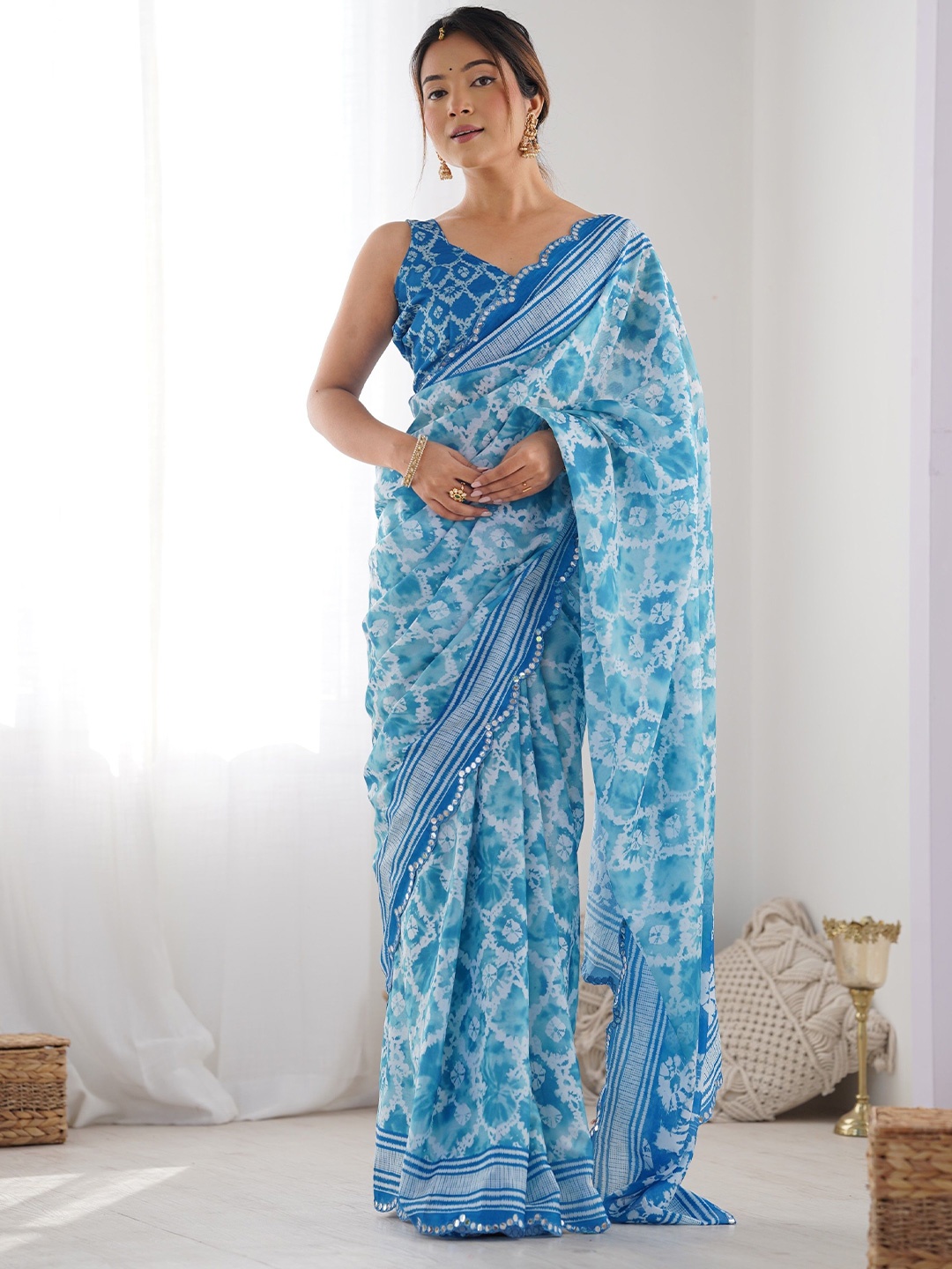 

KSM PRINTS Printed Mirror Work Organza Saree, Blue