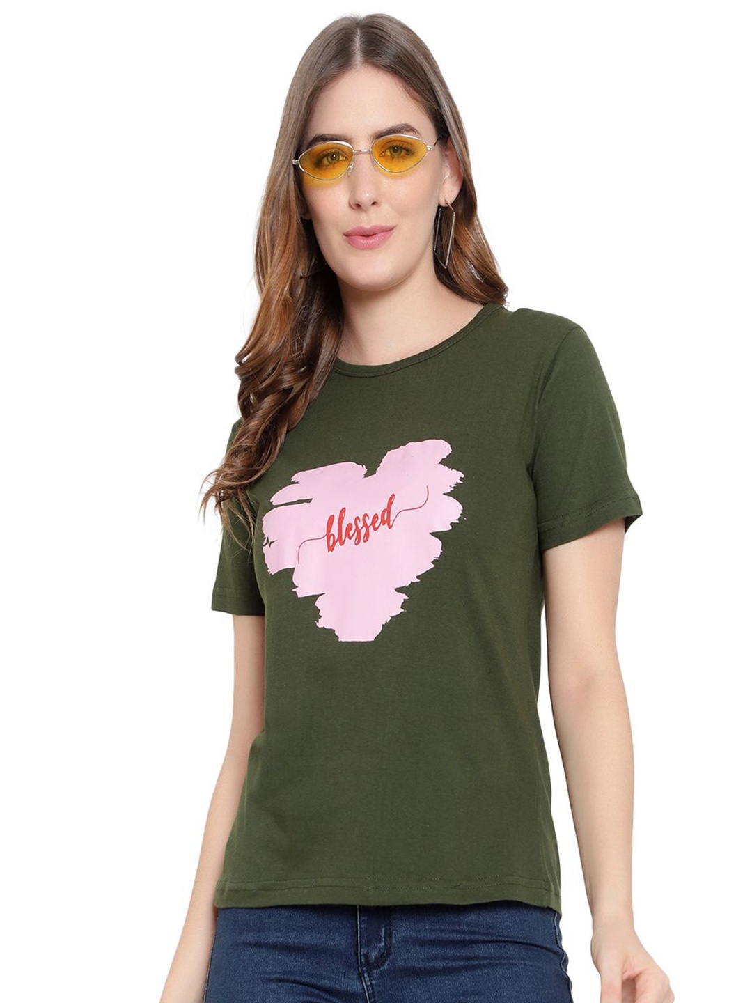 

DEEPMAYRA COLLECTION Women Typography Printed Cotton Slim Fit Tshirts, Olive