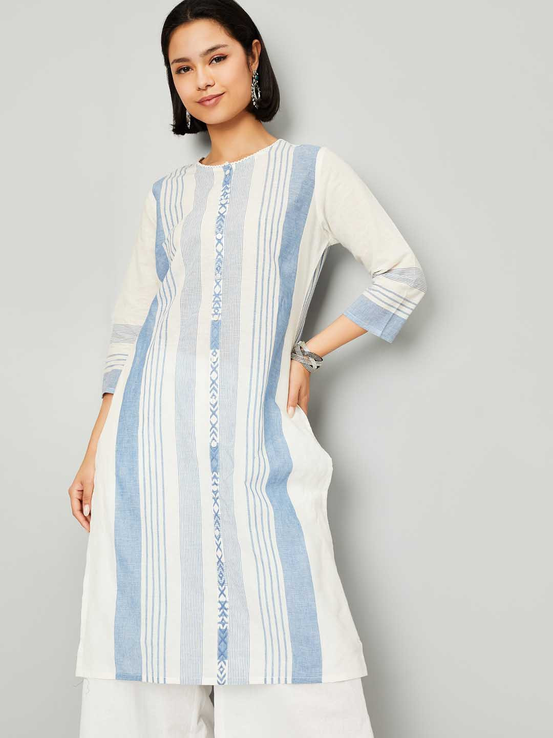 

max Striped Round Neck Pure Cotton A-Line Kurta, Blue