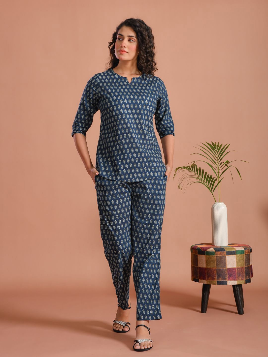 

SANSKRUTIHOMES Printed Round Neck Pure Cotton Top With Trousers Co-Ords, Blue