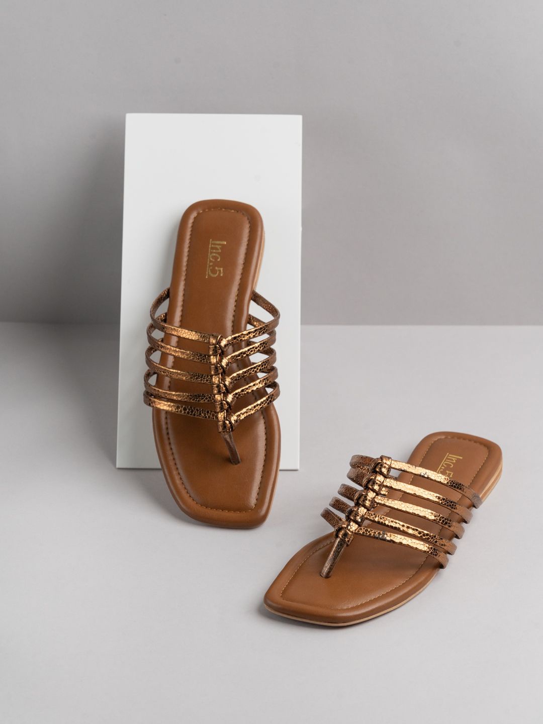 

Inc 5 Women Striped T-Strap Flats, Brown
