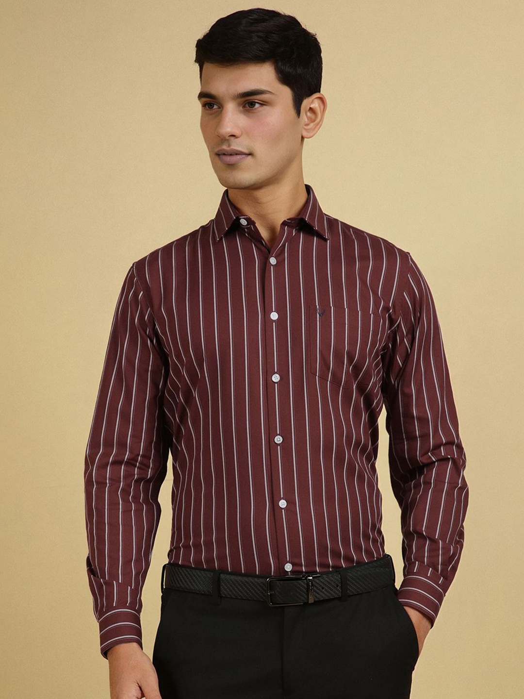 

Allen Solly Men Slim Fit Spread Collar Vertical Striped Cotton Formal Shirt, Burgundy