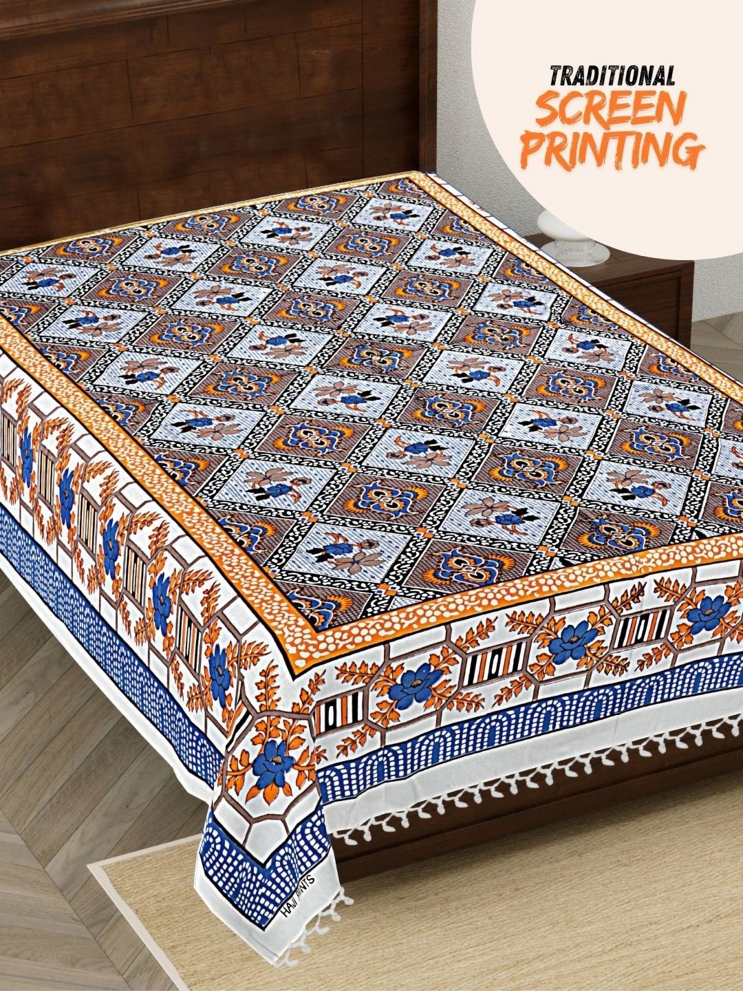 

HASHCART White & Blue Geometric Printed 210 TC Single Bedsheet 2.3 m x 1.52 m