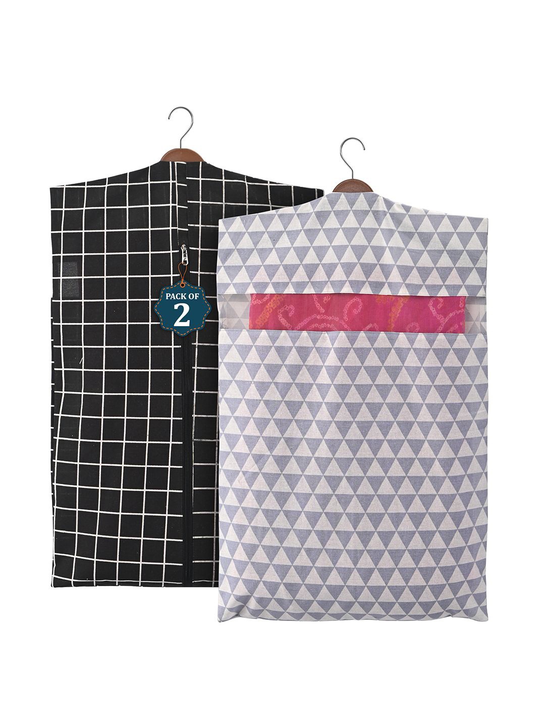 

Kuber Industries Black & Grey 2Pieces Printed Mesh Cotton Hanging Saree Storage Organisers