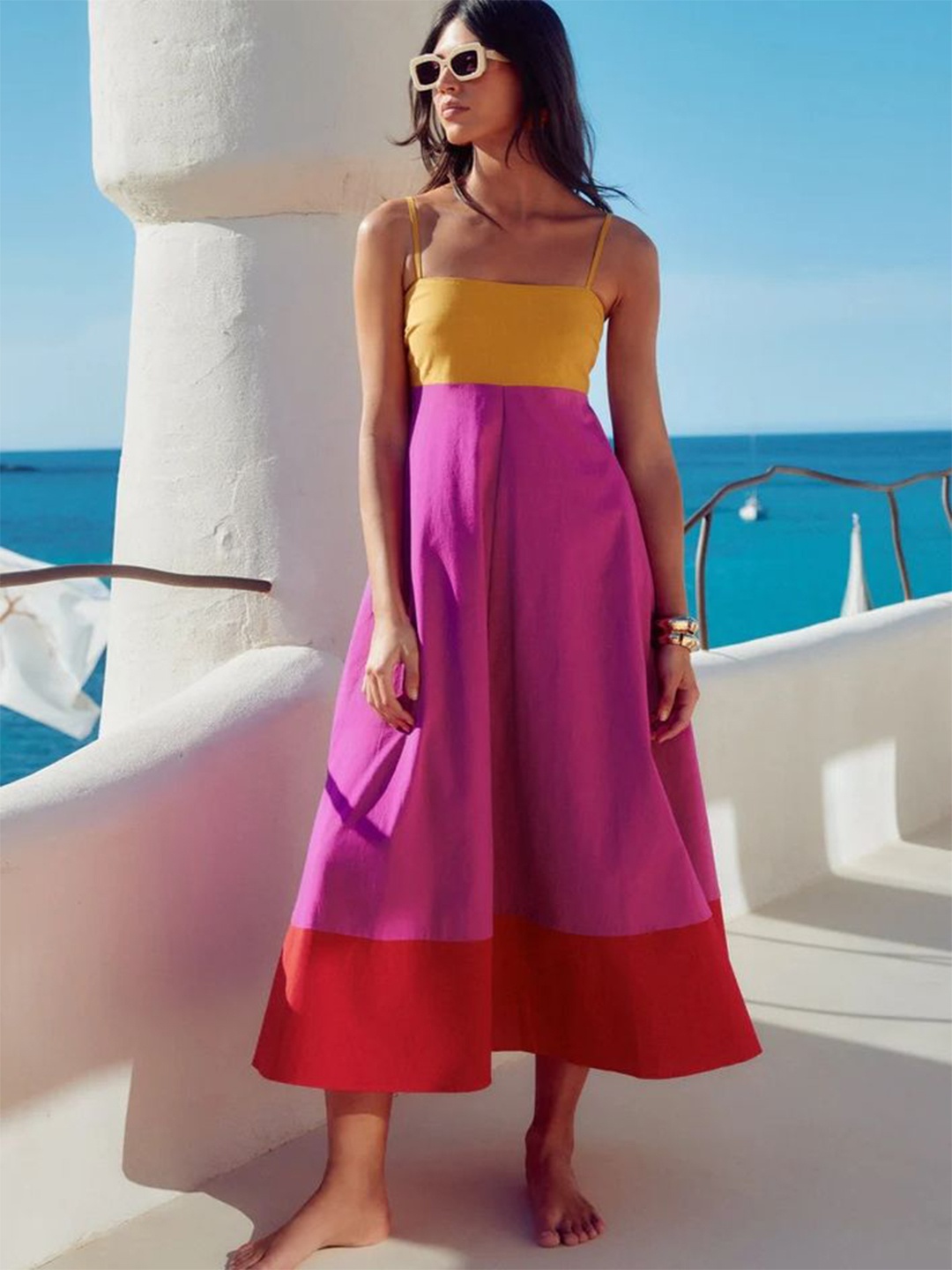 

LULU & SKY Shoulder Straps Colourblocked Fit and Flare Midi Dress, Pink