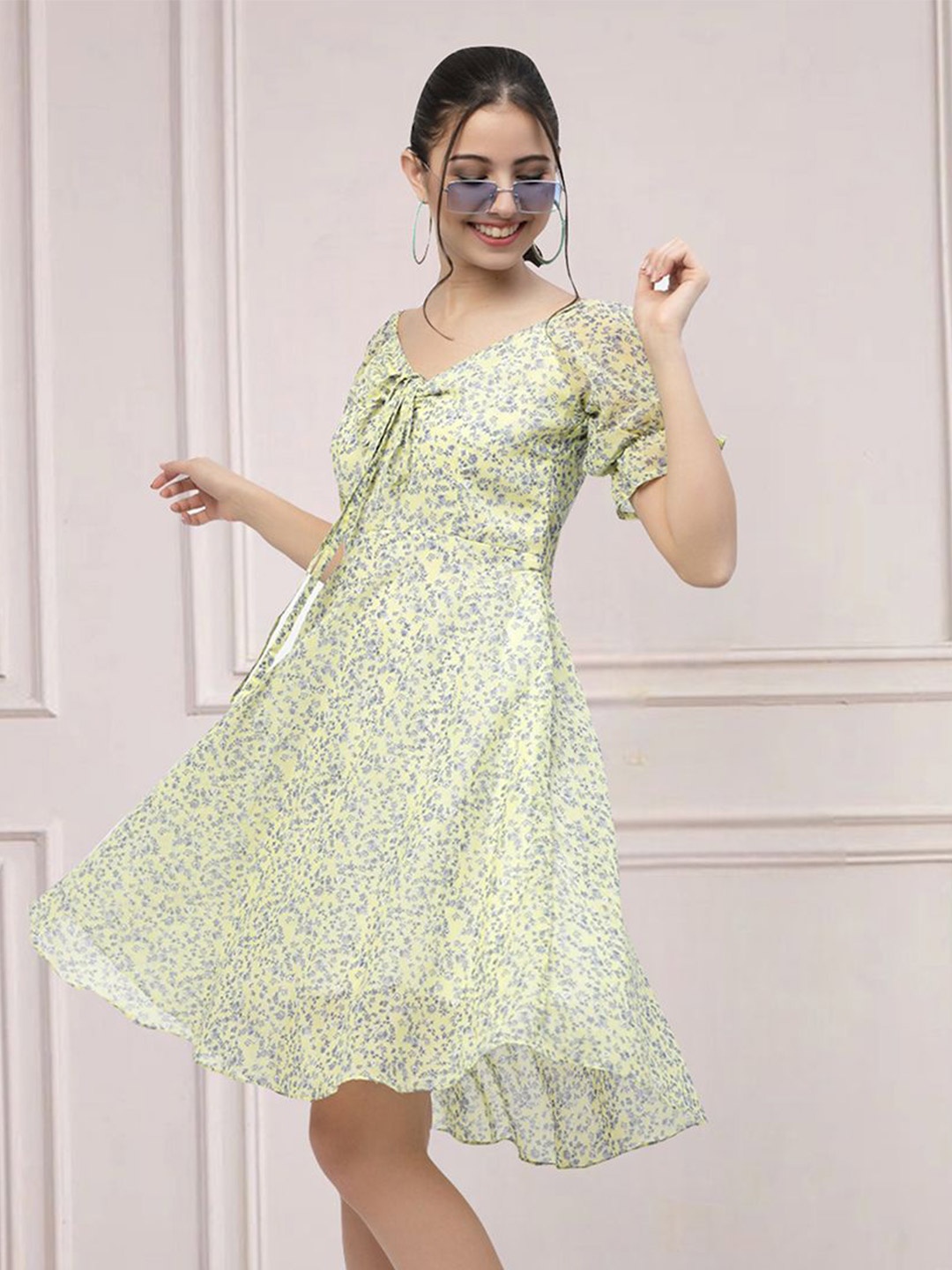 

MISS AYSE Floral Print Tie-Up Neck Bell Sleeve Fit & Flare Dress, Yellow