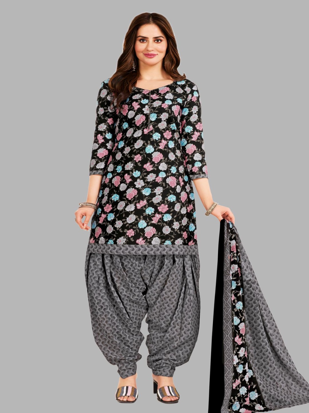 

Simmu Printed Pure Cotton Unstitched Dress Material, Black
