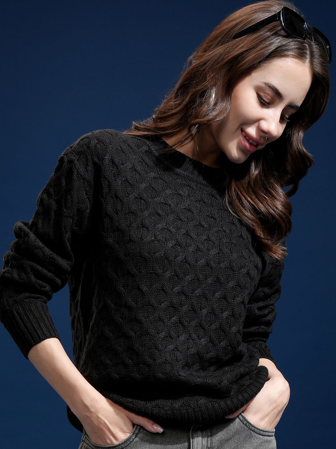 

Tokyo Talkies Women Oversized Round Neck Full Sleeve Sweater, Black