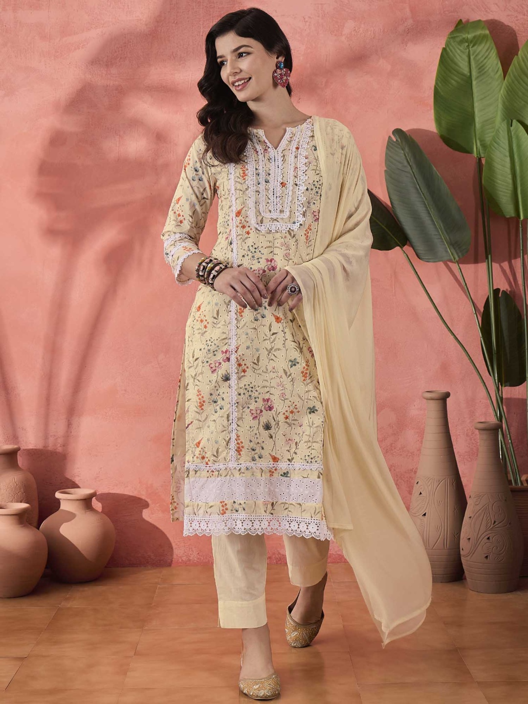 

Sangria Pure Cotton Embroidered Thread Work Kurta With Trousers & Dupatta, Yellow