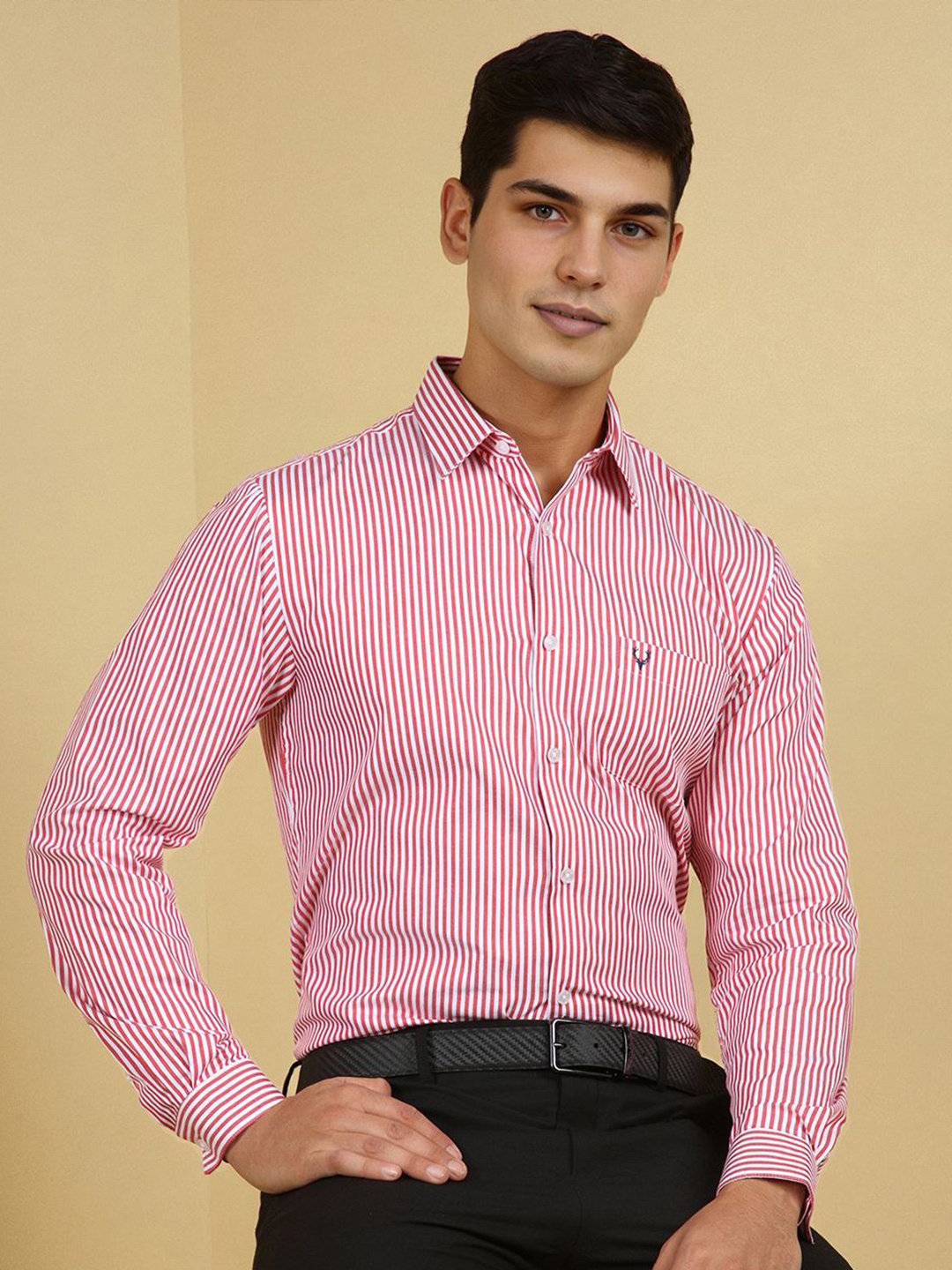 

Allen Solly Men Slim Fit Spread Collar Vertical Striped Cotton Formal Shirt, Coral