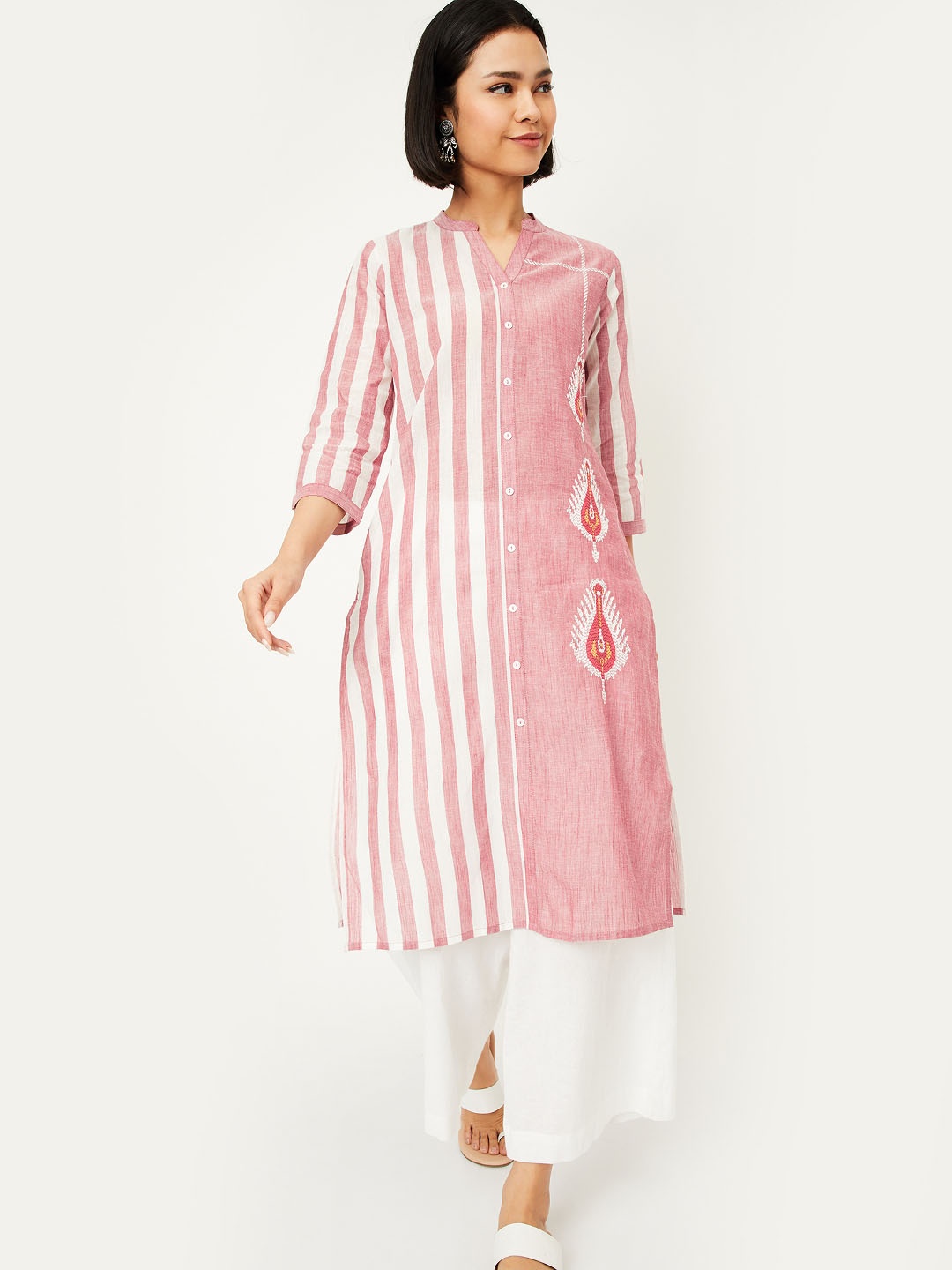 

max Women Striped Mandarin Collar Pure Cotton A-Line Kurta, Pink