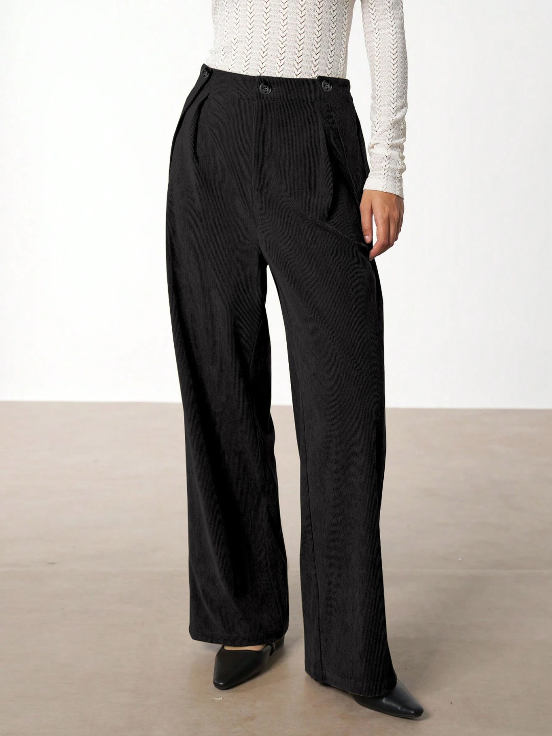 

Kalika Women Loose Fit Pleated Mid-Rise Trousers, Black