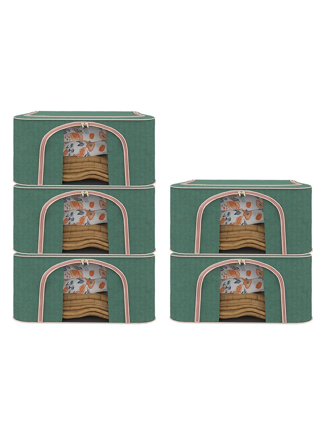 

Kuber Industries Green & Pink Set of 5 Reusable Drawer Organisers With Handles