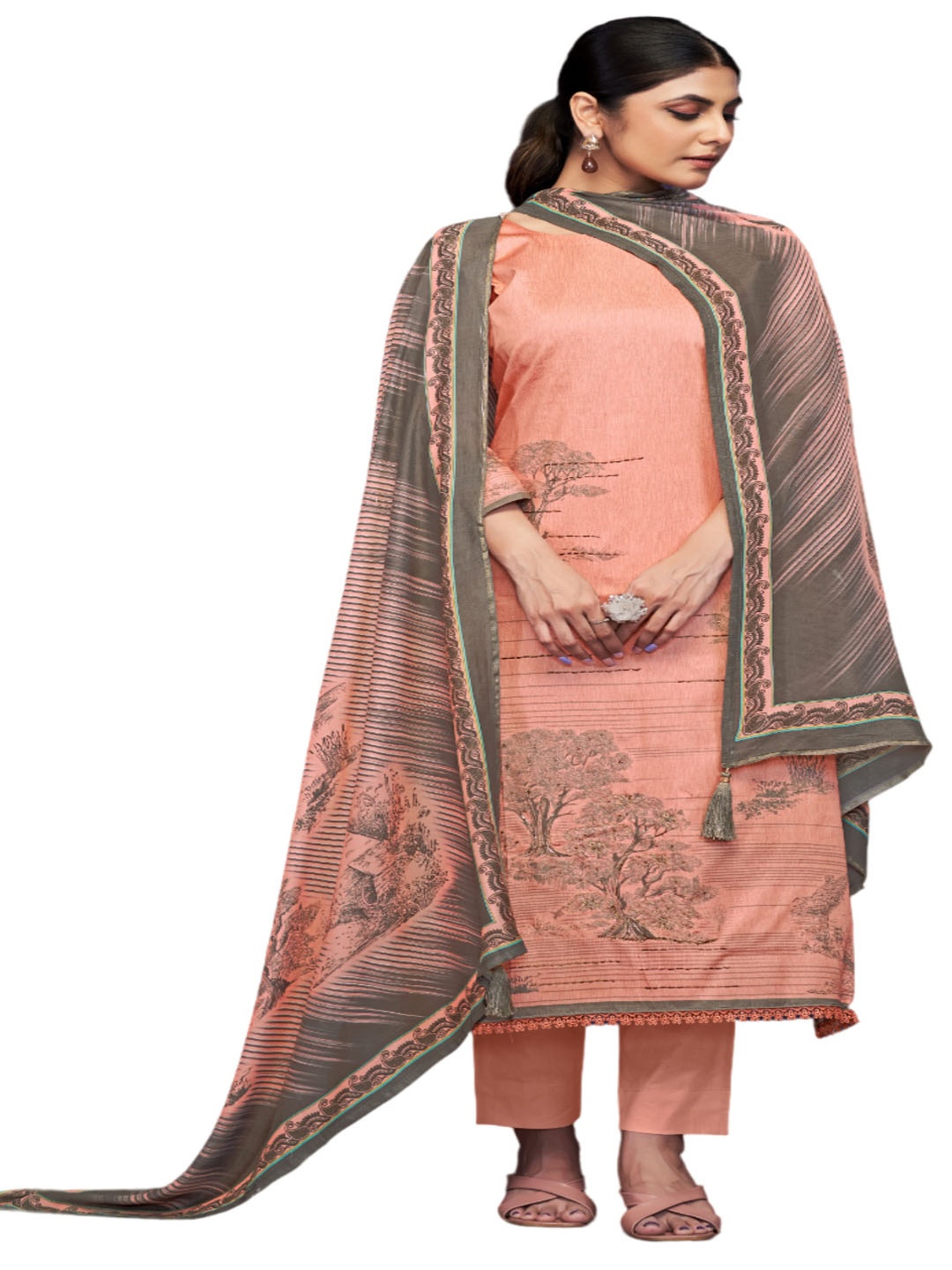

DRAVINAM Floral Printed Sequinned Pure Cotton Unstitched Dress Materia, Pink