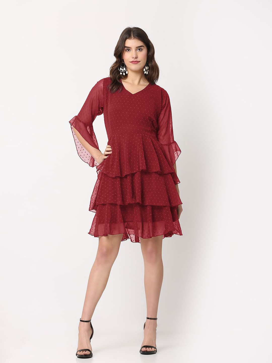 

FLOREOS Women Bell Sleeve Ruffled Georgette Fit & Flare Dress, Maroon