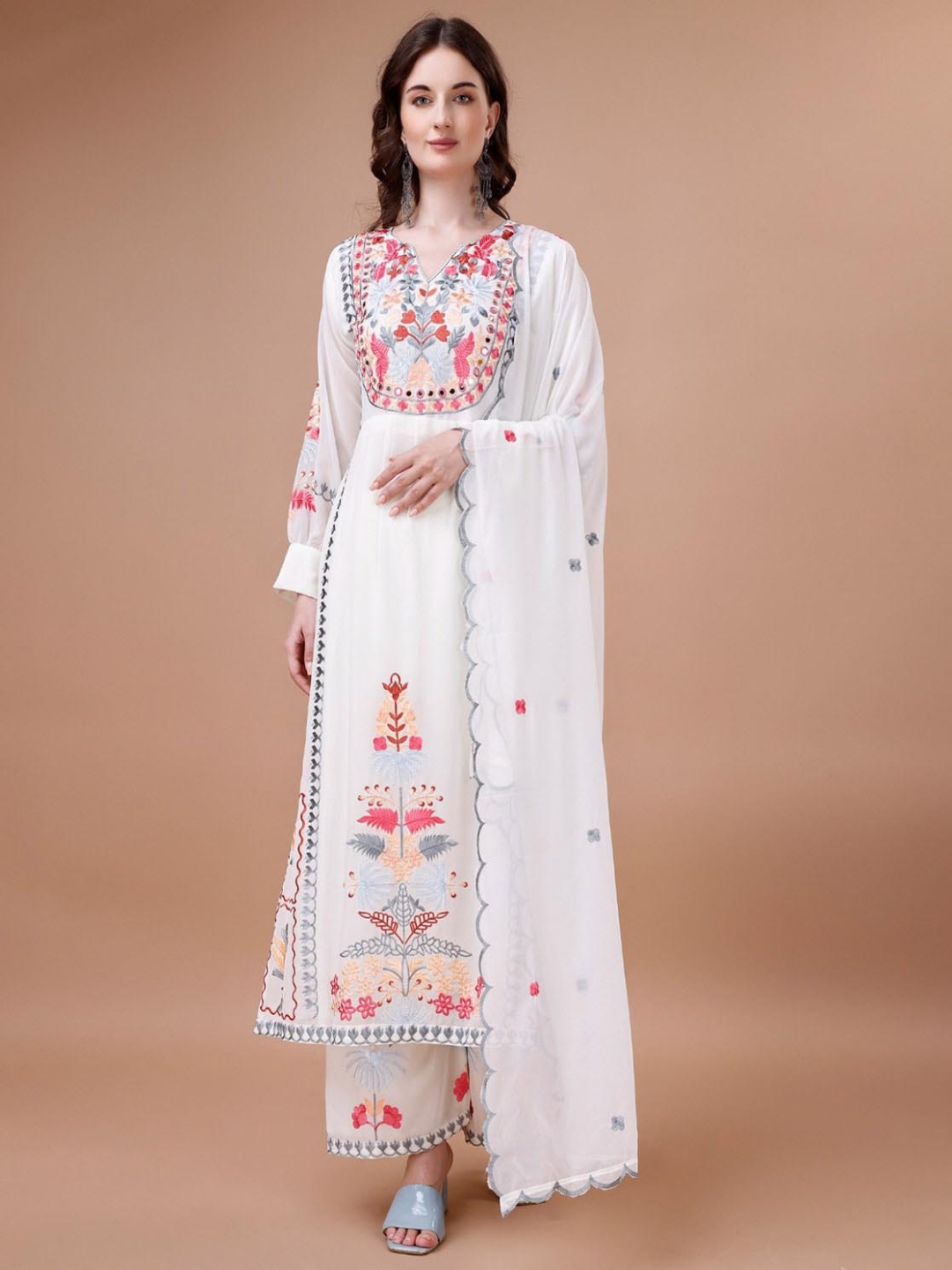 

KALINI Women Embroidered Regular Thread Work Silk Georgette Kurta with Trousers & With Dupatta, White