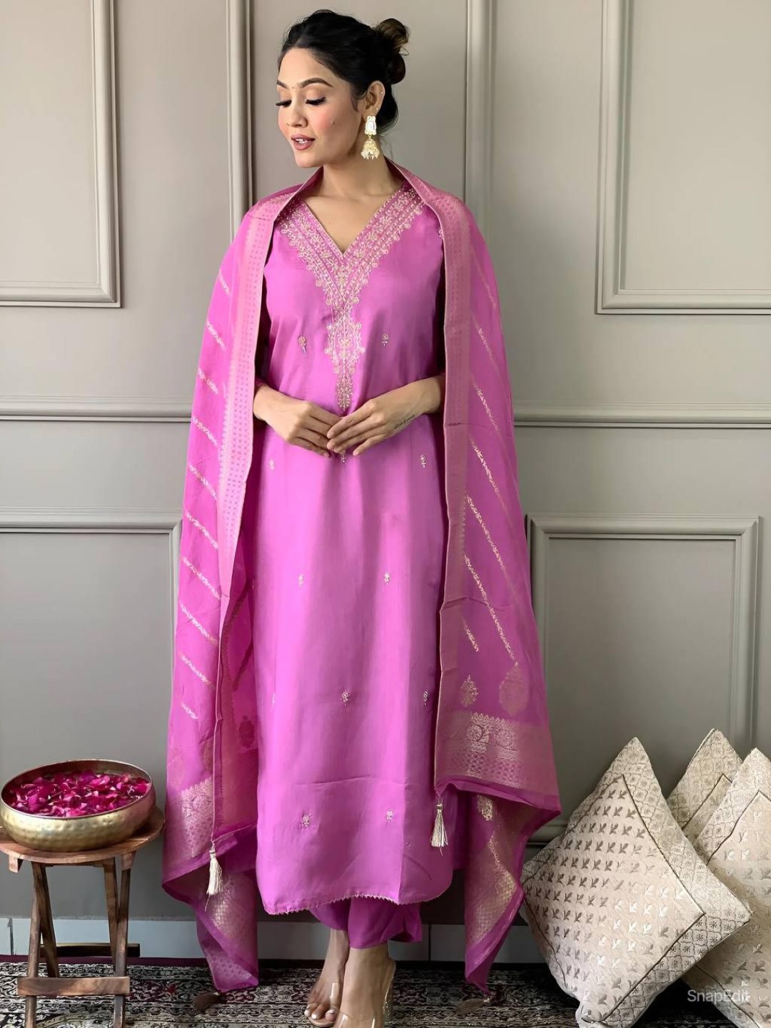 

KALINI Women Embroidered Regular Thread Work Chanderi Silk Kurta with Trousers & With Dupatta, Pink