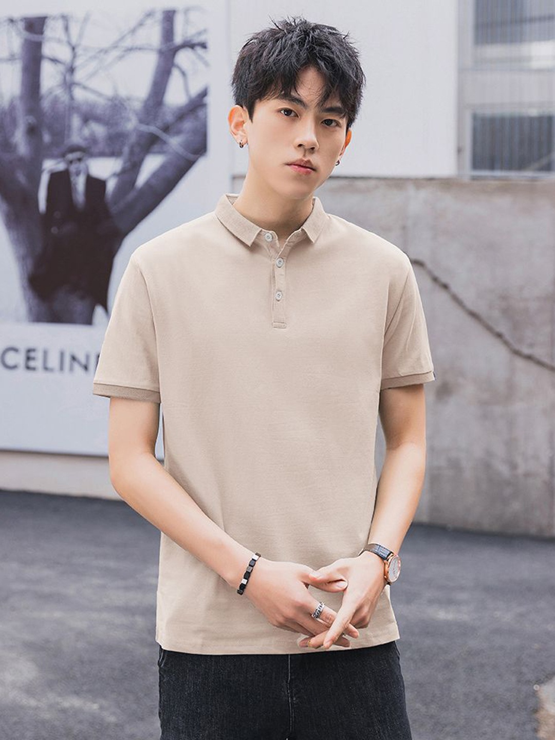 

StyleCast x Revolte Men Solid Polo Collar Cotton T-shirt, Beige