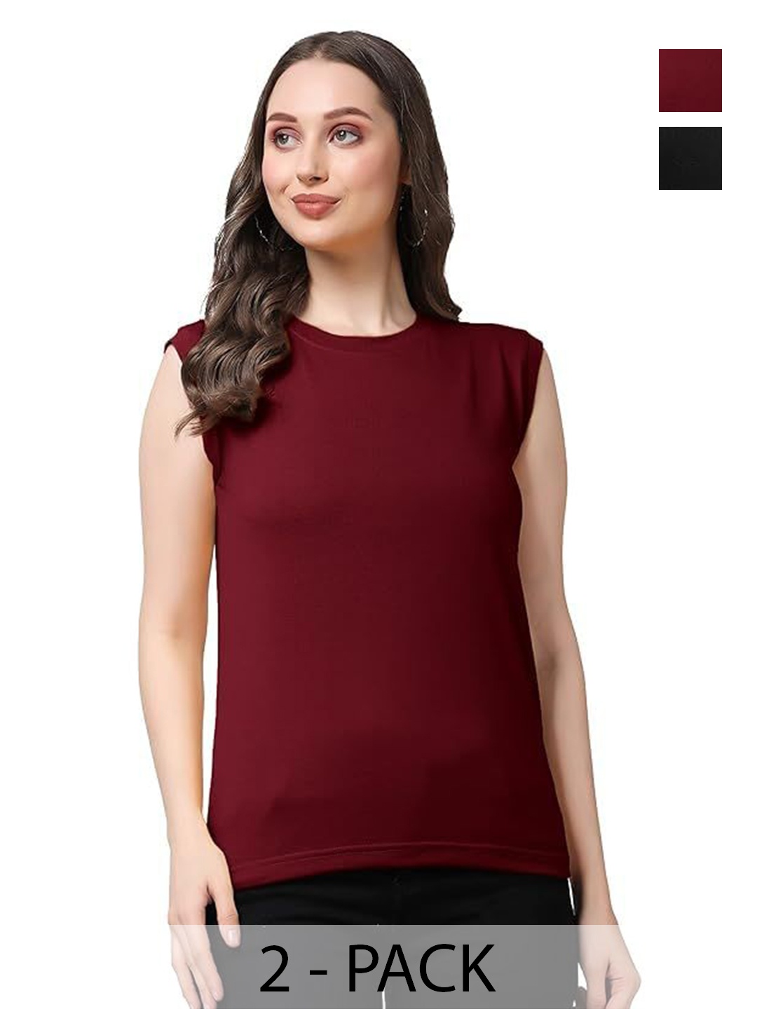 

NOTWILD Women Pack Of 2 Solid Round Neck Cotton Relaxed Fit T-shirts, Maroon