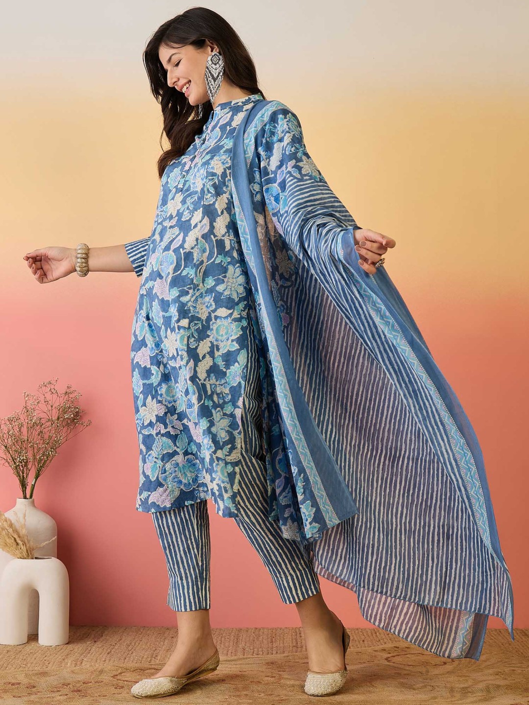

Sangria Blue Floral Printed A-Line Pure Cotton Kurta With Trouser And Dupatta