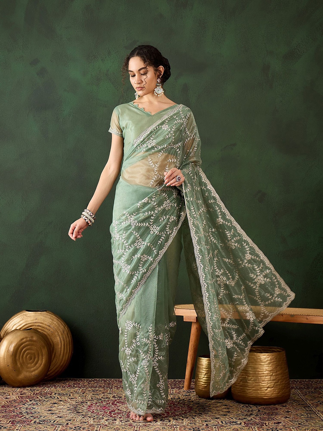 

MANVAA Embellished Embroidered Silk Cotton Fusion Saree, Sea green