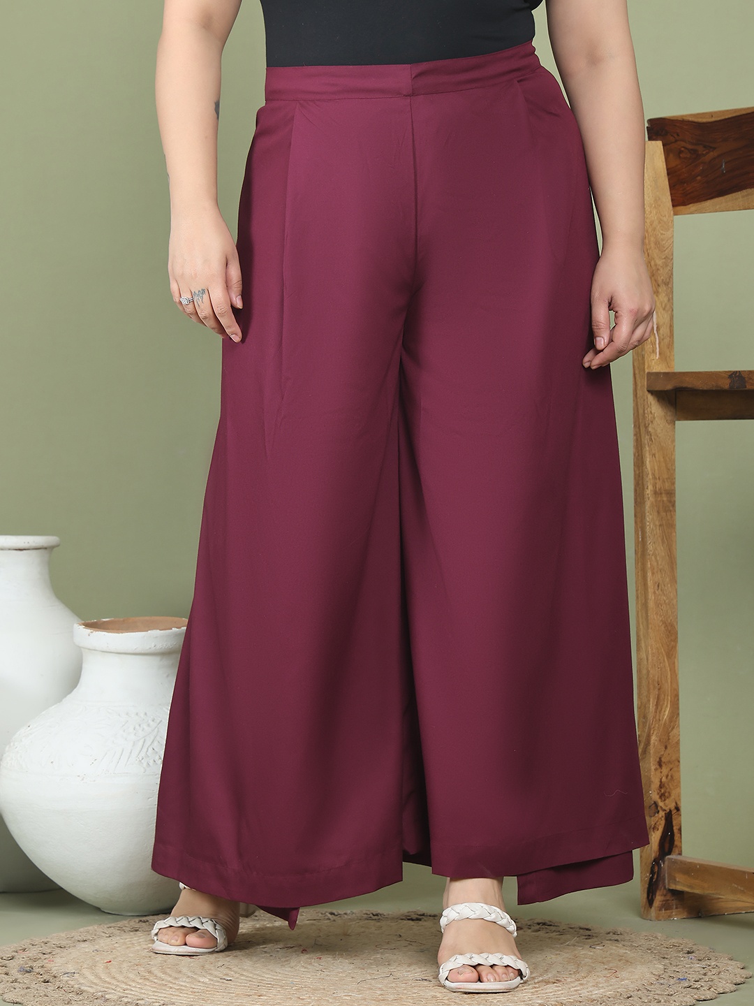 

theRebelinme Women High-Rise Easy Wash Trousers, Burgundy