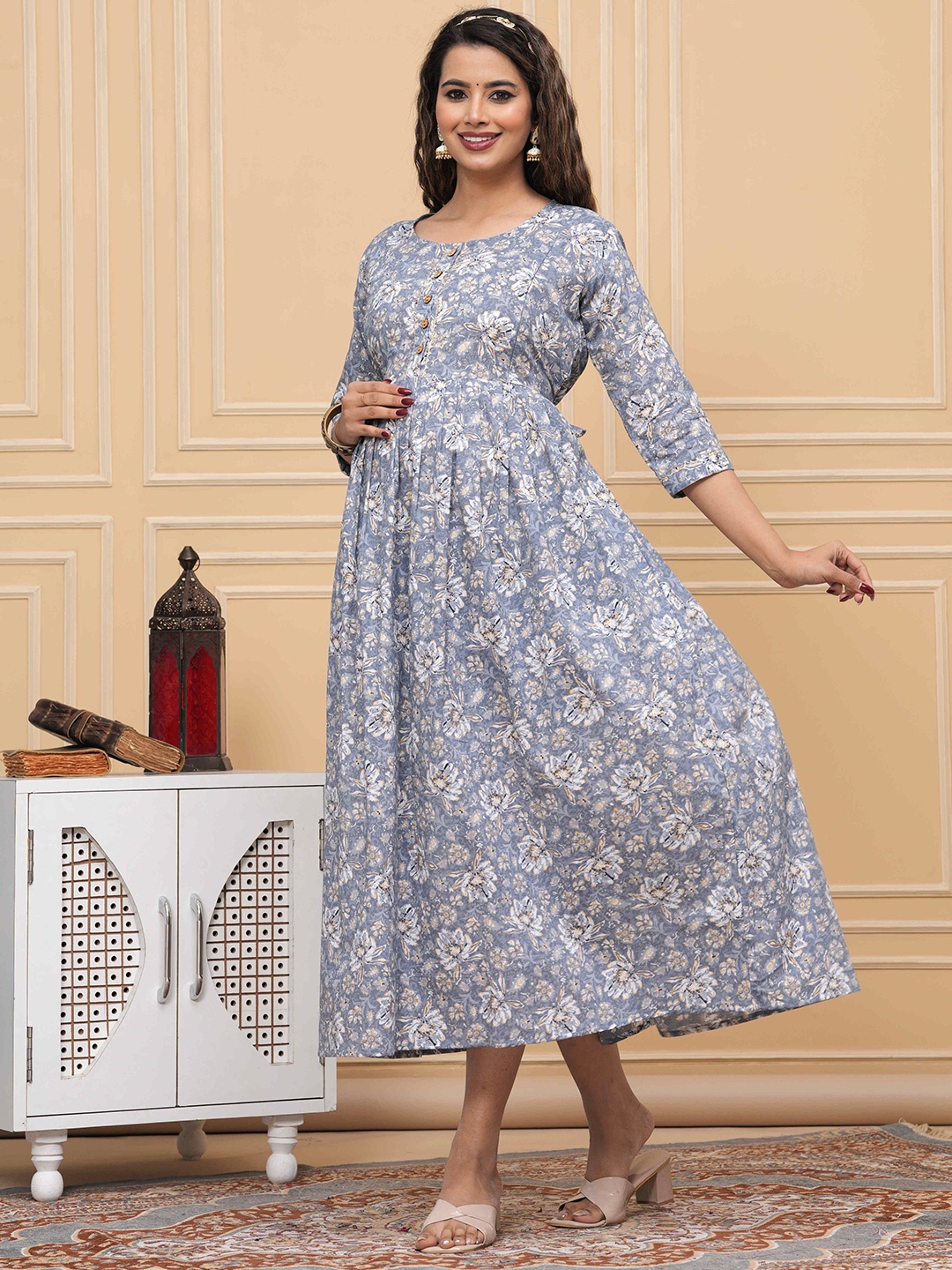 

mad fury Women Floral Printed Cotton Maternity A-Line Midi Dress, Grey