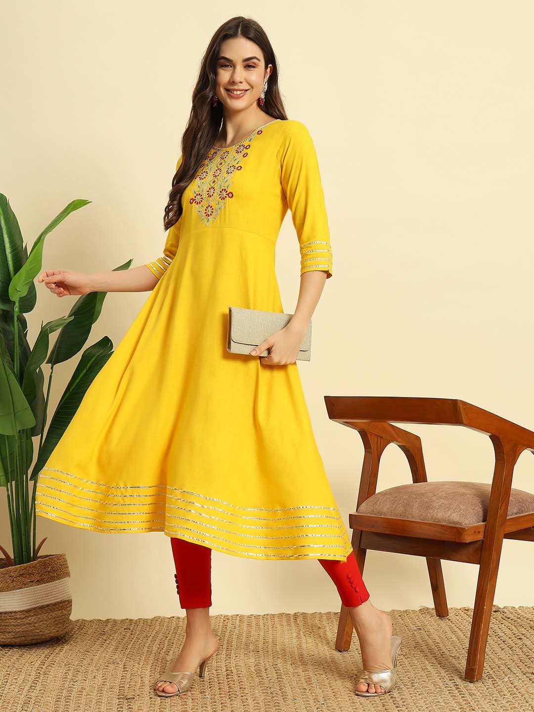 

V.S.Creation Women Embroidered Gotta Patti Anarkali Kurta, Yellow