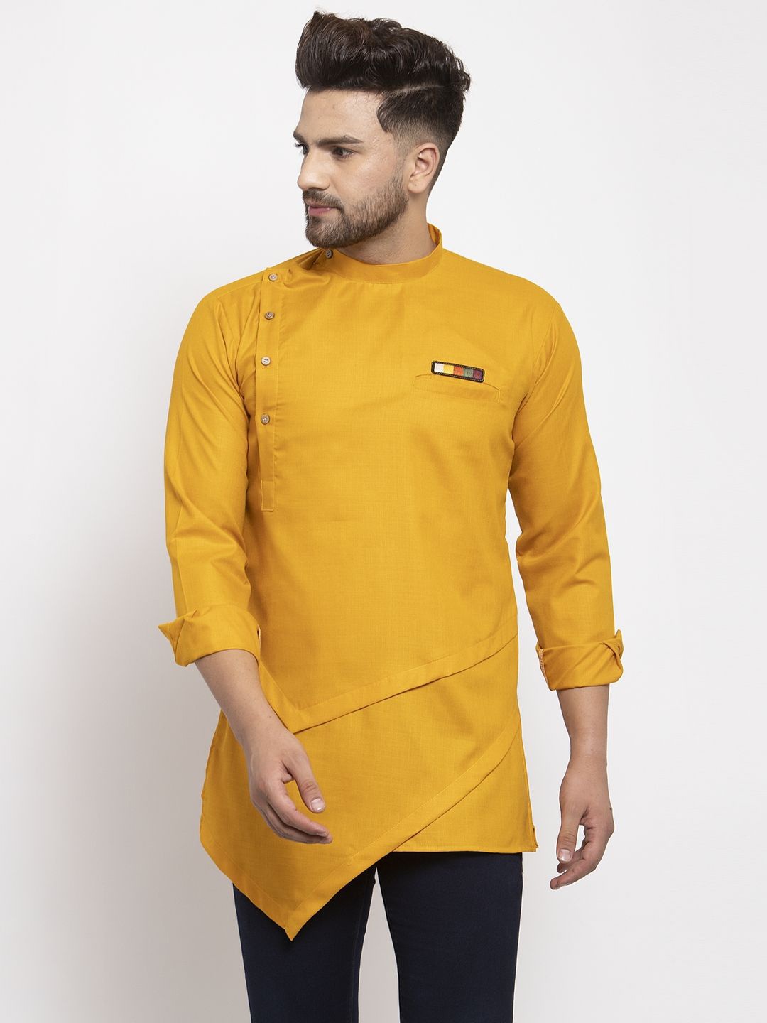 

Kaifoo Angrakha Band Collar Long Sleeves Straight Short Kurta, Mustard