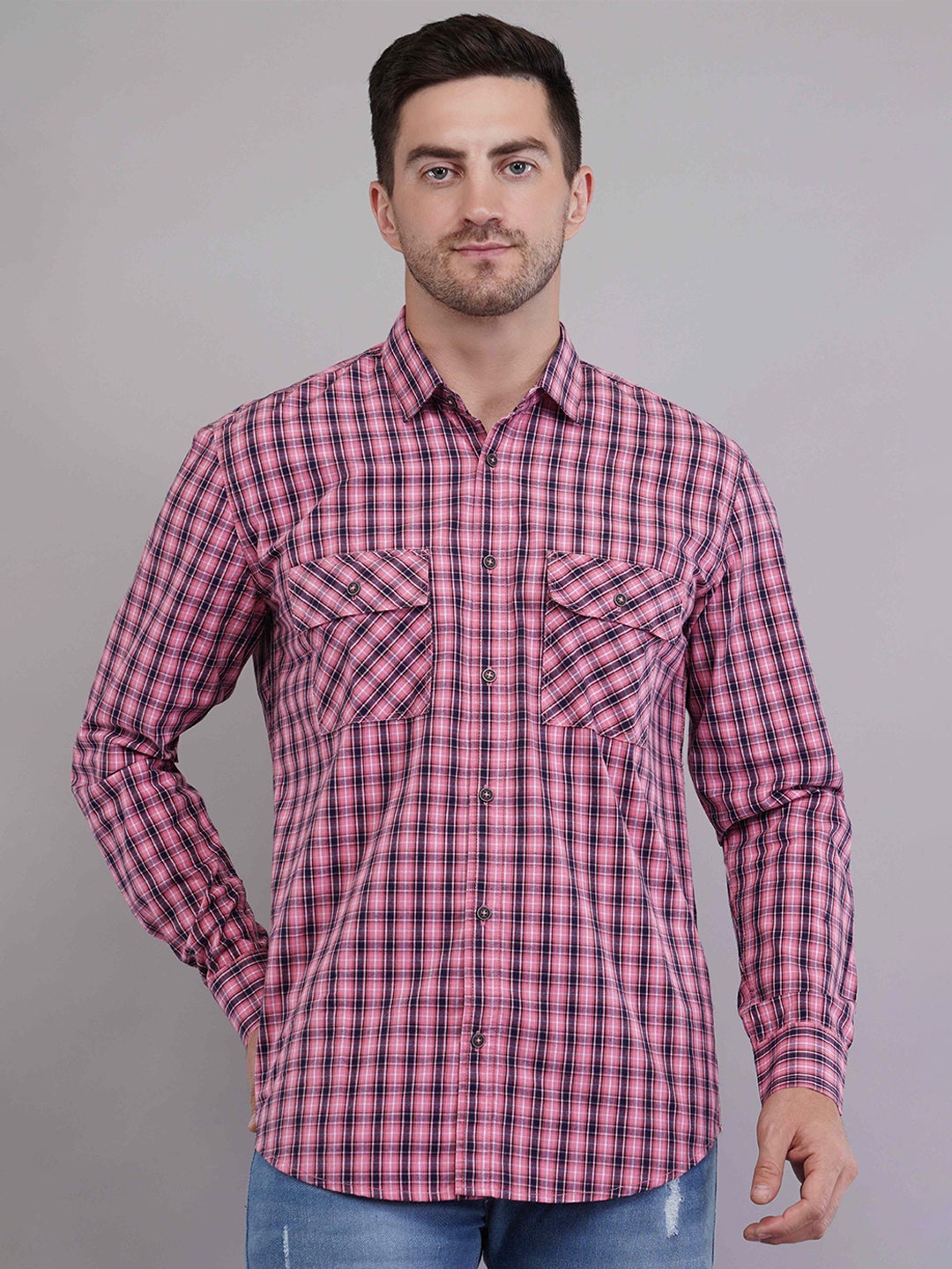 

Binioz Men Classic Opaque Checked Casual Shirt, Pink