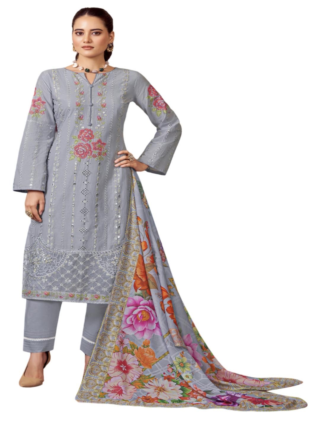 

DRAVINAM Trends Floral Embroidered Mirror Work Pure Cotton Unstitched Dress Material, Grey