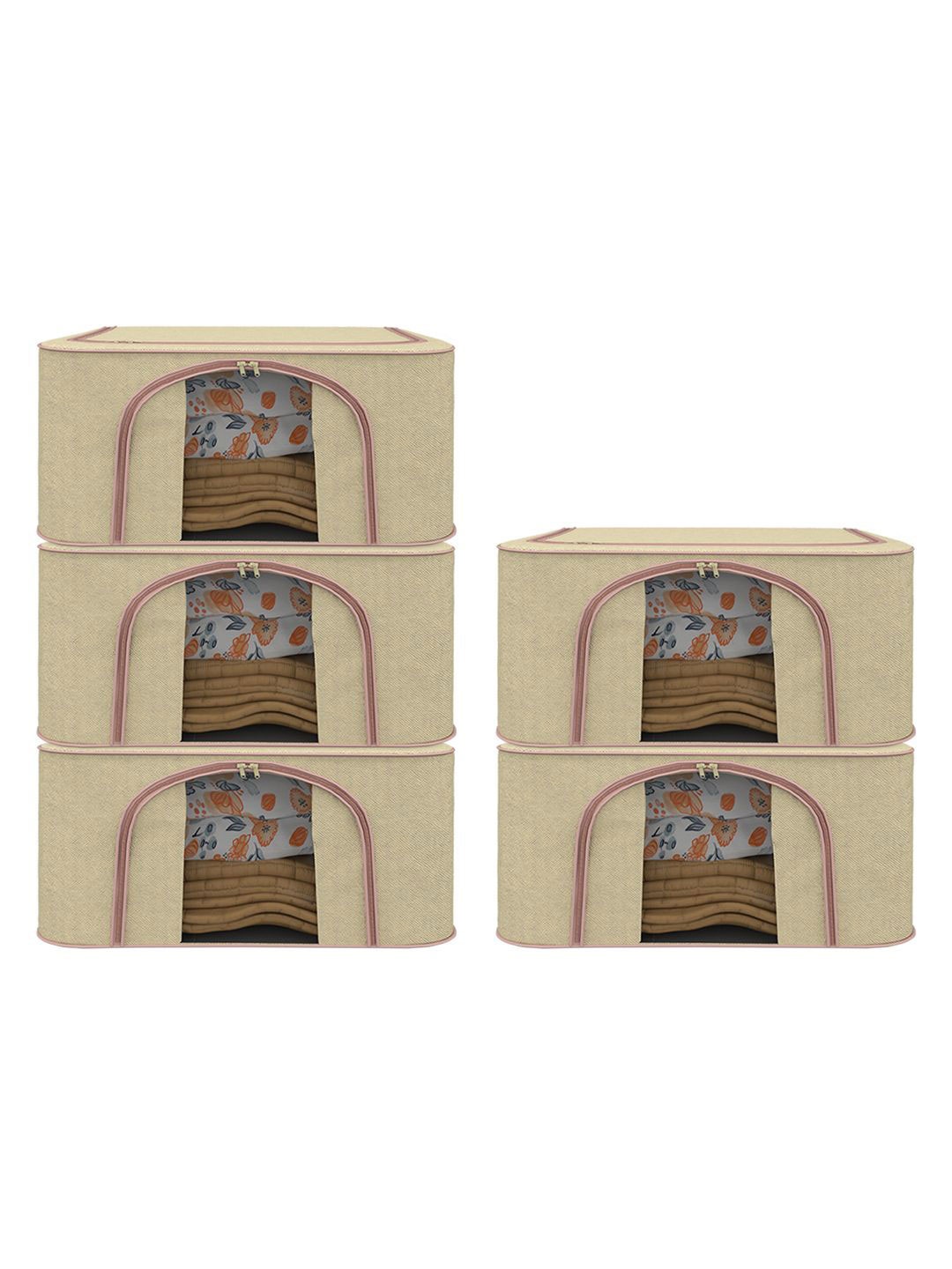 

Kuber Industries Beige 5 Pieces Reusable Foldable Drawer Organisers With Handles 66Ltr